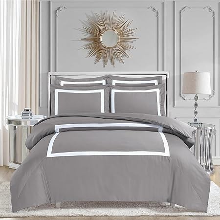 Majestic Giftware Madison Linen 4 Pcs 48" Twin Size Bedding Set (BL1-48T-3-4pcs) Province Hotel Collection-Taupe-White Tape 400 TC Cotton Sateen | 1 Fitted Sheet, 1 Duvet, 2 Pillowcases
