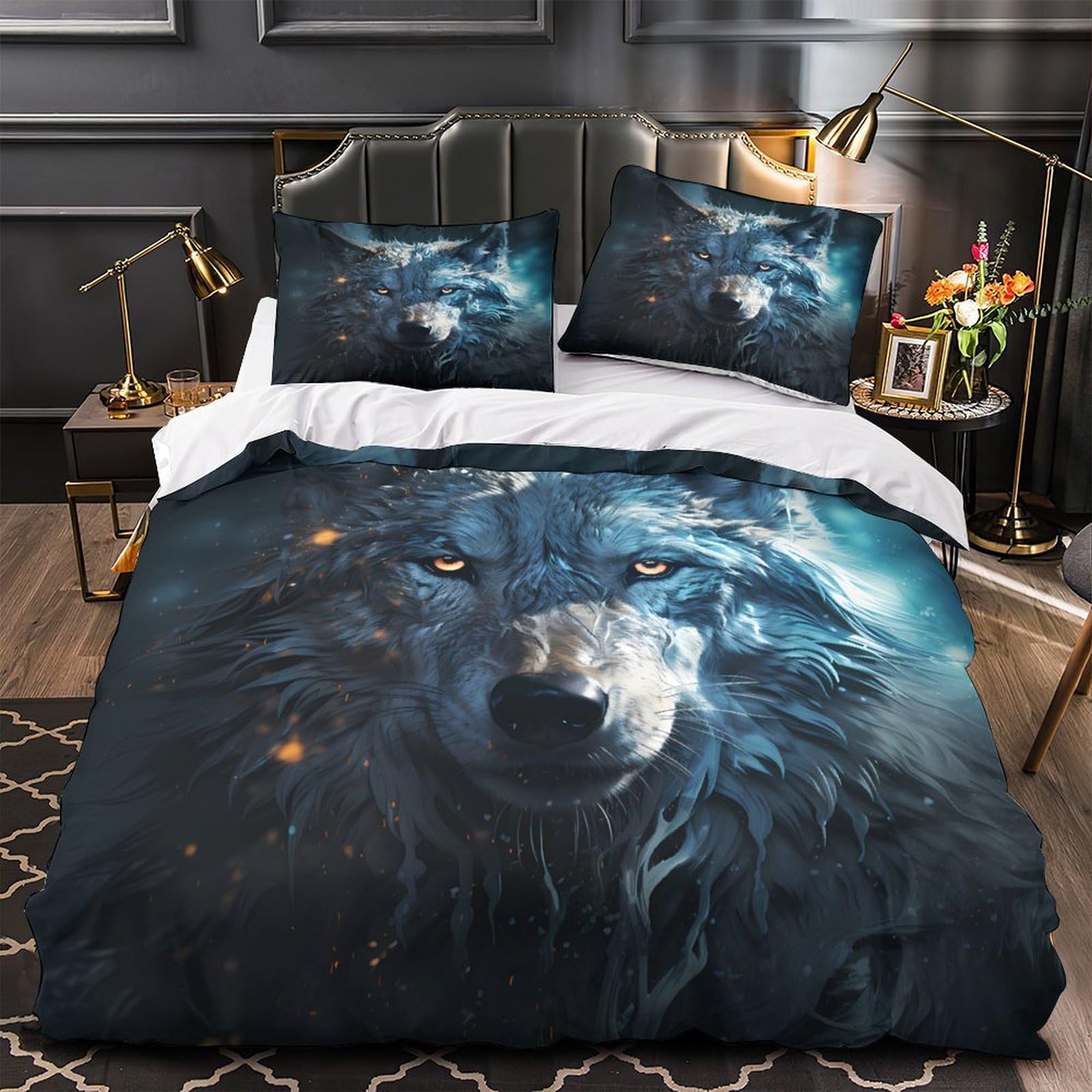 Housse de couette loup 3D 135x200 parure de lit microfibre fermeture