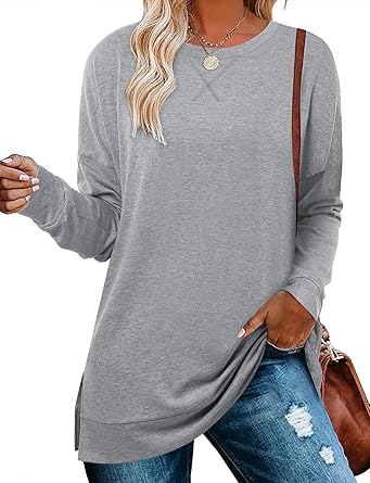 BETTE BOUTIK Women's Drop Long Sleeve Sweatshirts Casual Crewneck Tunic Tops Sweartshirts With Side Slits S-3XL