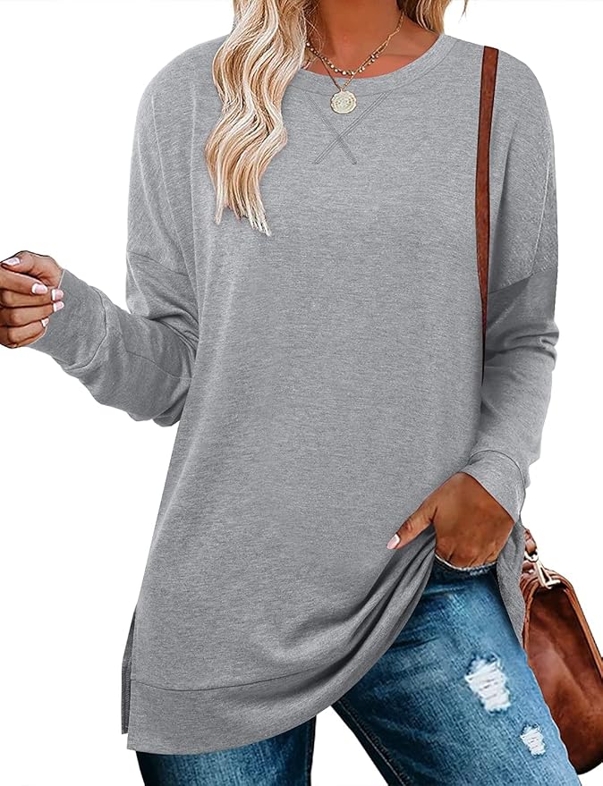 BETTE BOUTIK Women's Drop Long Sleeve Sweatshirts Casual Crewneck Tunic Tops Sweartshirts With Side Slits S-3XL
