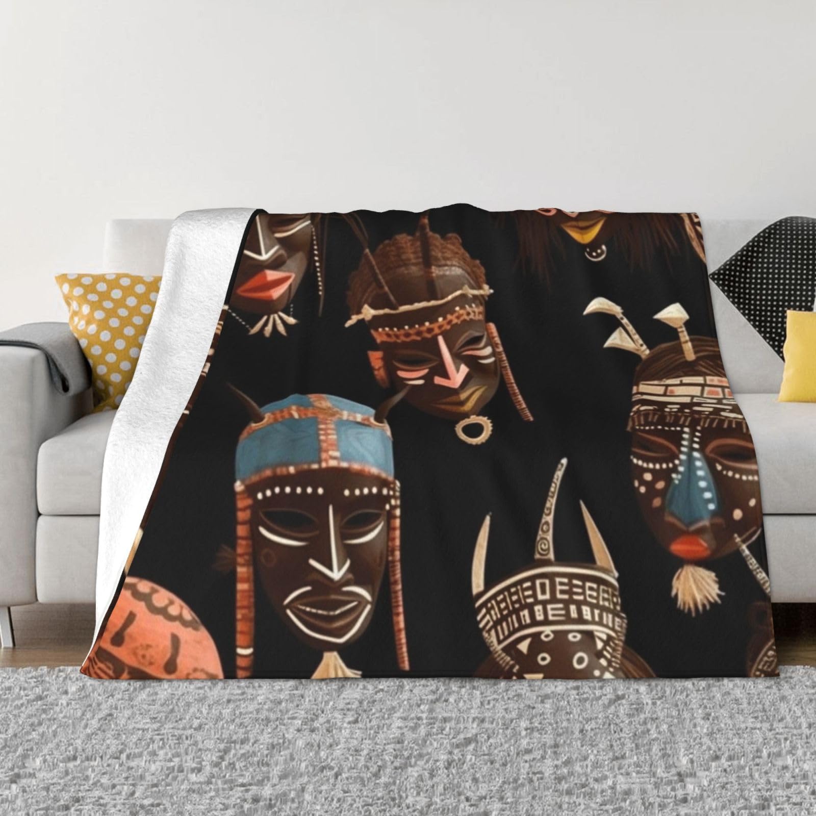 African Ritual Ethnic Tribal Throw Blanket 60"x50" Flannel Fluffy Warm Blanket for Couch, Reversible Plush Blankets for Bed, Comfy Fuzzy Blanket for Sofa, Plush Lightweight-Blankets for All Season