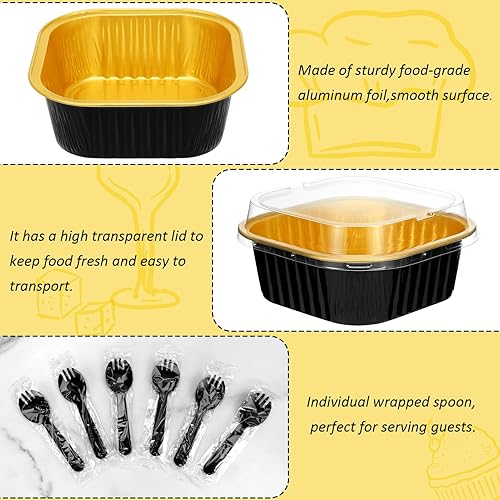 Miniatura 3 de Mini moldes para pasteles con tapas y cucharas (paquete de 50, negro, 10 onzas), moldes cuadrados para magdalenas, mini sartenes de aluminio con