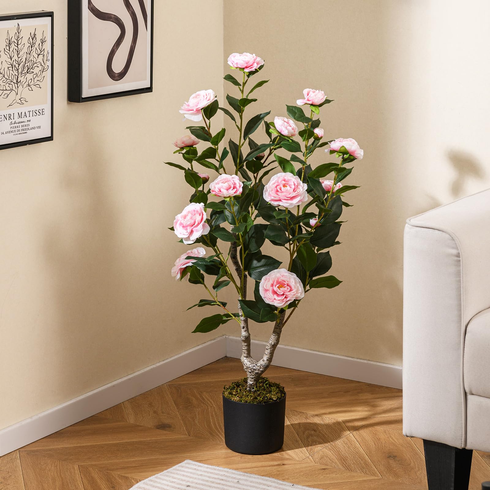 GIANTEX Albero di Camelia Artificiale da 90 cm, Pianta Finta con 16 Fiori di Camelia Rosa in Tessuto, Tronco in Legno Massiccio, Pianta Decorativa in Vaso per Ristorante, Ufficio (Rosa)