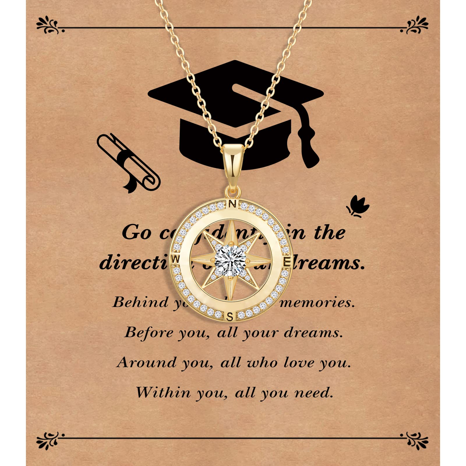 Graduation Gifts for Her 2024, College Senior High School Best Graduation Gifts for Women, Class of 2024 Compass Necklace for Women Graduate Jewelry for Friends Daughter