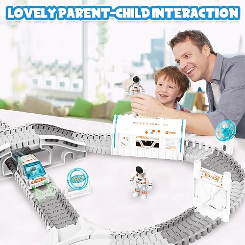 Miniatura 7 de Pista de carreras de construcción, juego de pistas de tren espacial, 205 piezas, juego de pistas flexibles para niños de 4 a 7 años con estación de