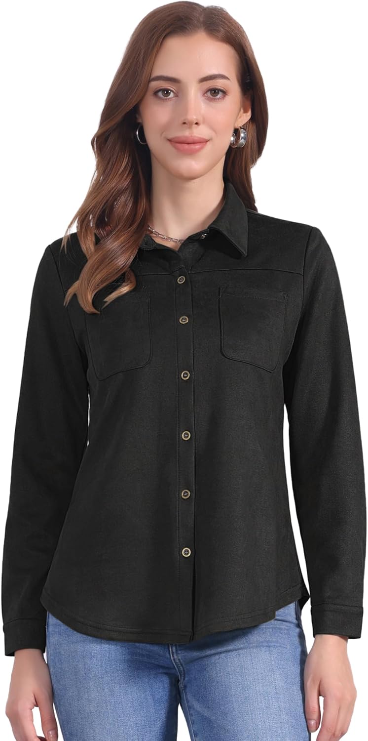 Allegra K Faux Suede Shirt for Women Button Down Long Sleeve Collared Blouse Business Casual Spring Fall Outfits
