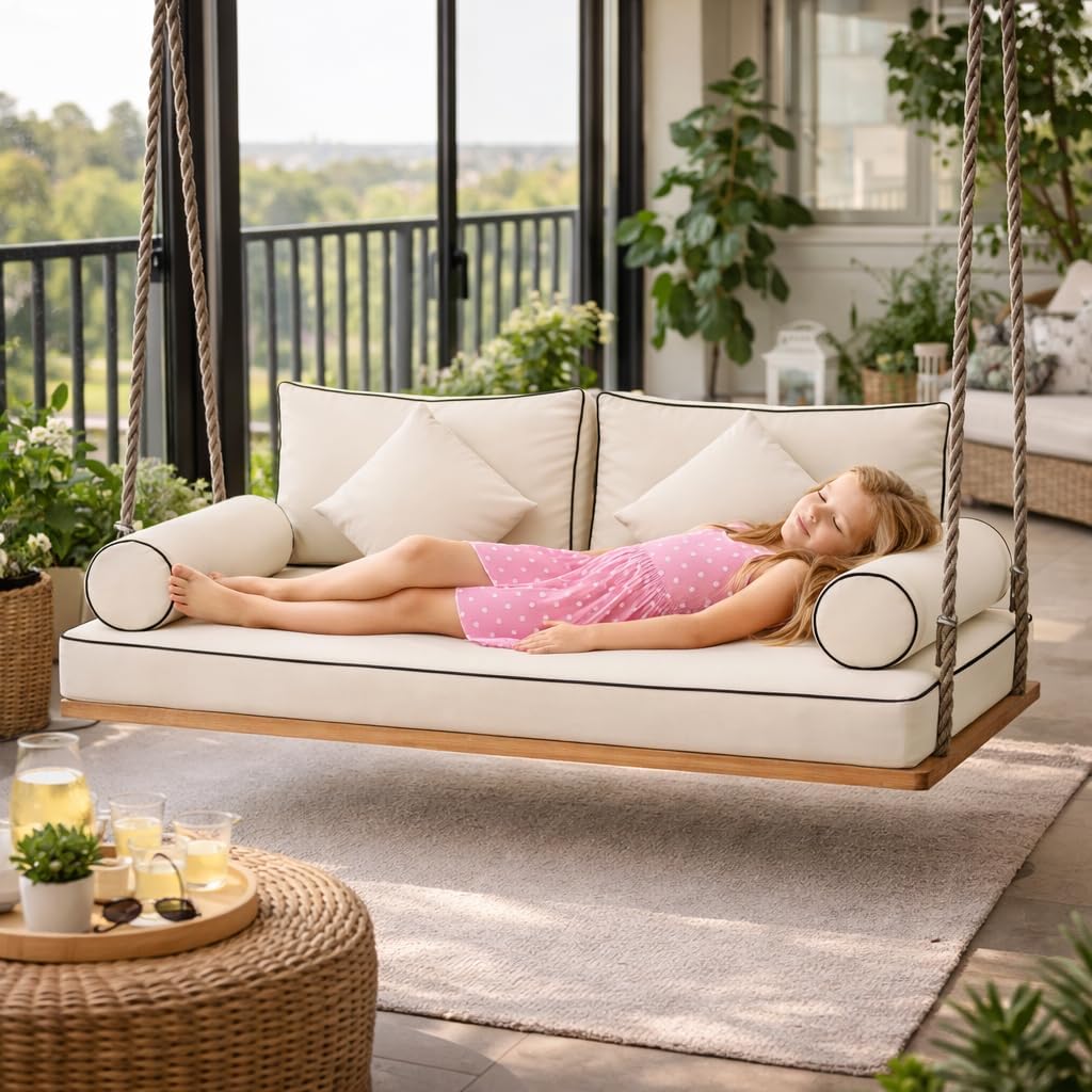 Outdoor Daybed Cushion Twin Set, 7-Piece Water-Repellent Patio Swing Bed Mattress with Bolster & Back Pillows, Fade-Resistant Cushions, 75" x 39" x 6" Khaki