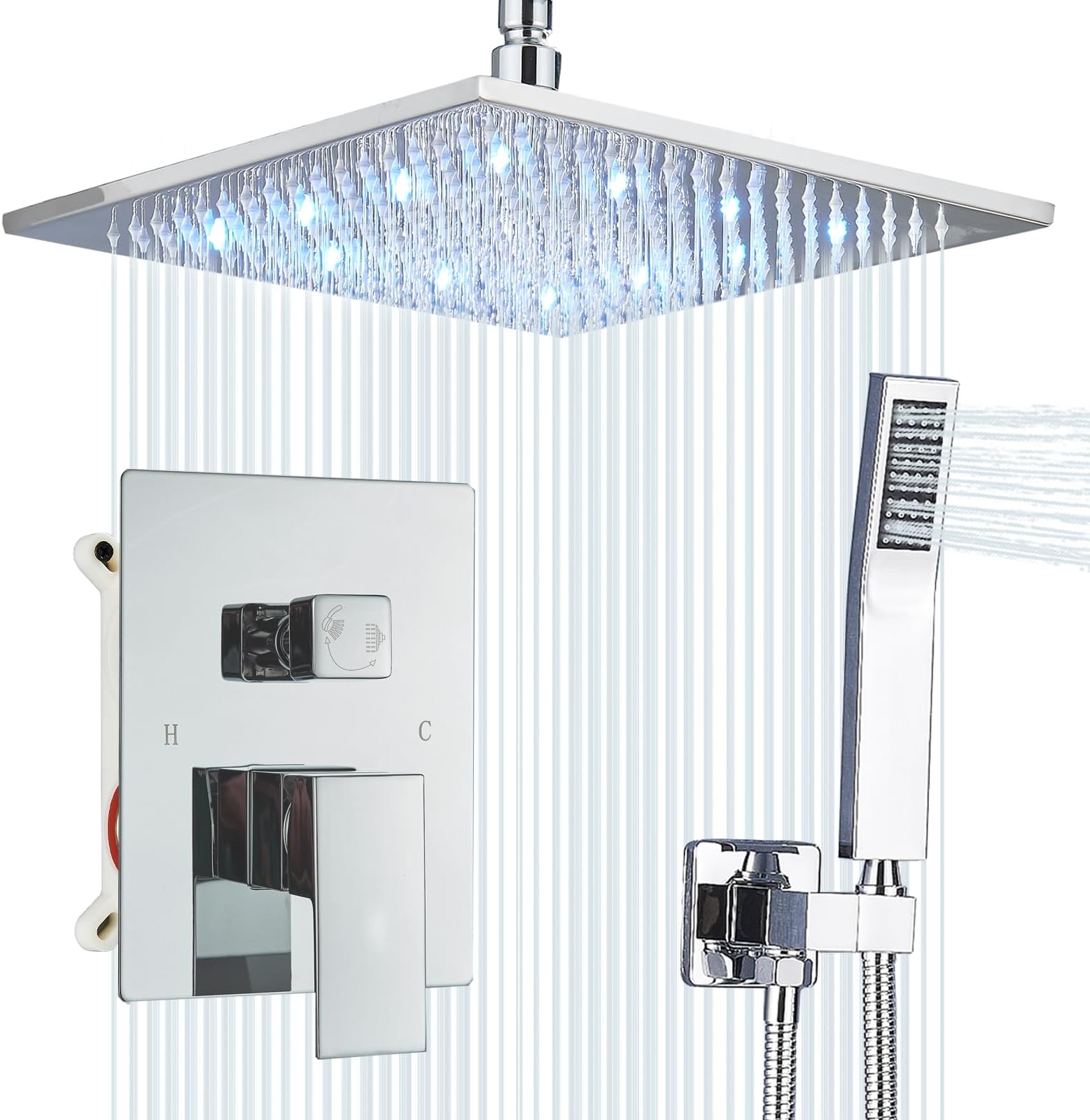 Ceiling Mount Shower Faucet Set 12 Inch LED Rainfall Shower Head Bathroom Rainfall Shower System with Handheld Spray Rough-in Valve Body and Trim Included, Chrome Finished
