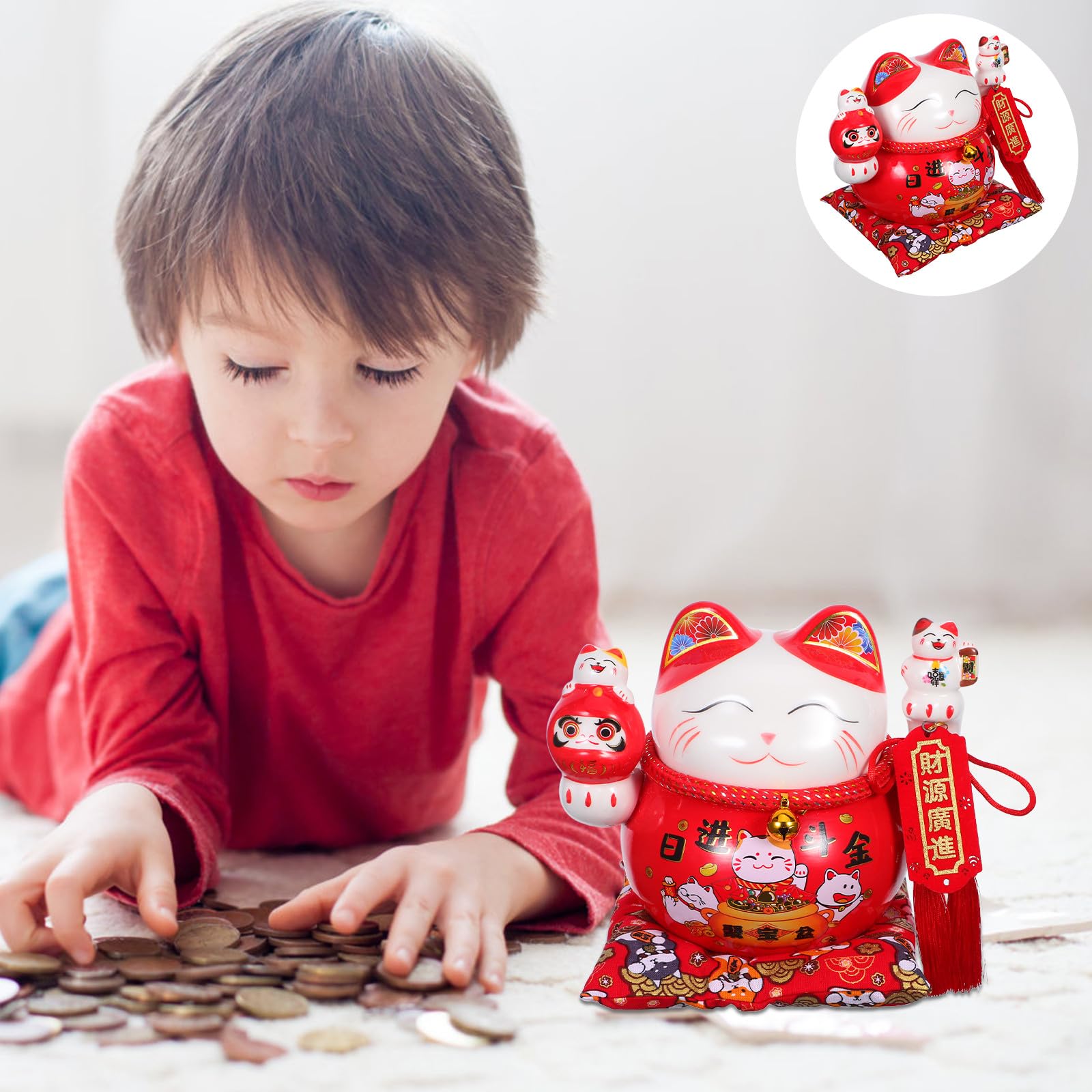 Keramik Spardose Maneki Neko Glückskatze Feng Shui Münzbehälter Tischdeko Rot Kompakt