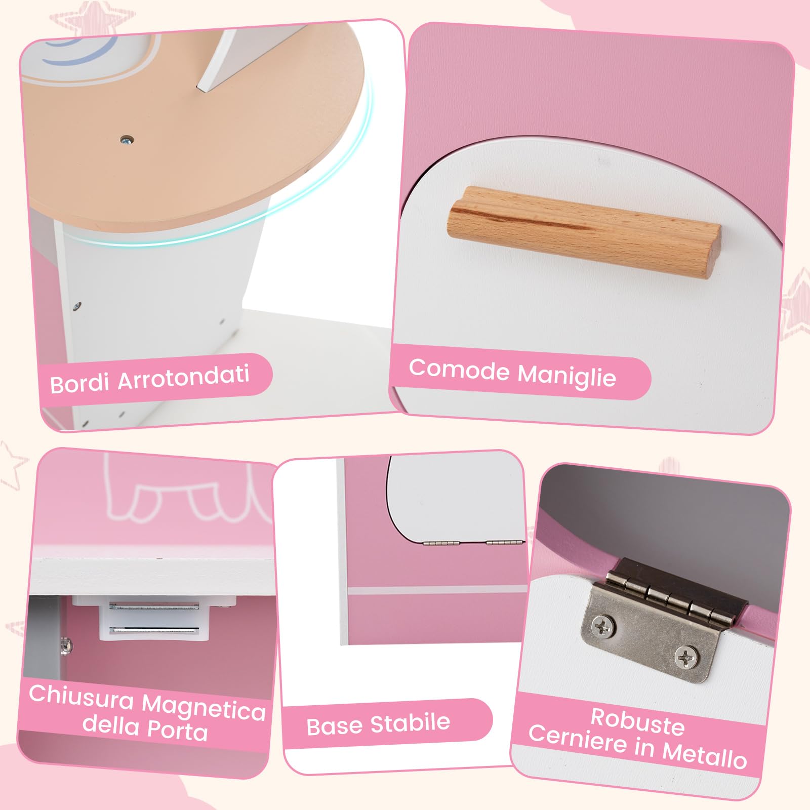COSTWAY Cucina Giocattolo Angolare con Fornelli e Micronde da Suoni e Luci, Cucina per Bambini in Legno con Macchina Caffè, Lavandelo, Forno e Lavatrice, Set Cucina con Accessori (Rosa)