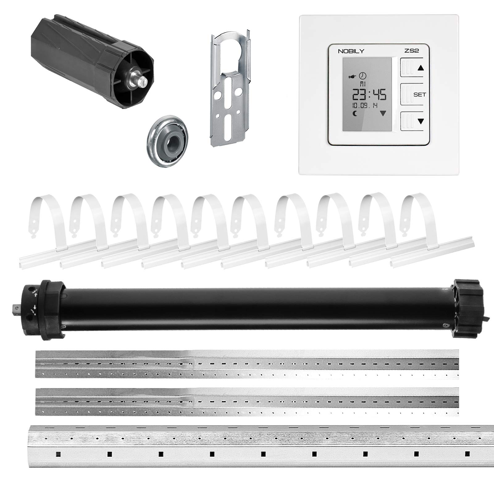 NOBILY Rolladen-Komplett-Set Rolladenmotor P5 30/15-60 (Zugkraft 30Nm/75kg) für 60mm Achtkantwelle + Zeitschaltuhr ZS2 + Mechanik-Set, Gesamtlänge bis 2,75 Meter