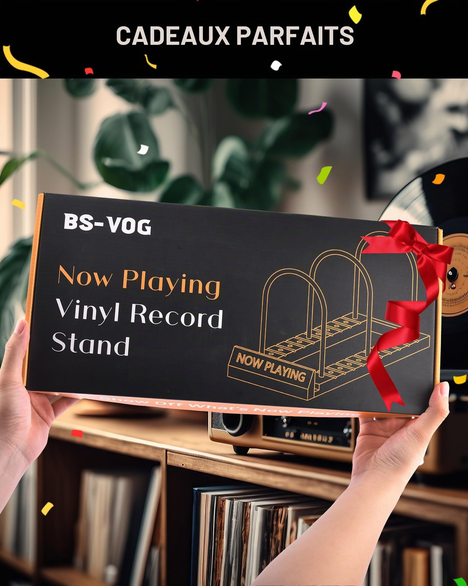 BS-VOG Now Playing Support de rangement pour disques vinyles 150 LP avec rainures antidérapantes, support de disque vinyle rotatif Wood Now pour albums, emballage cadeau