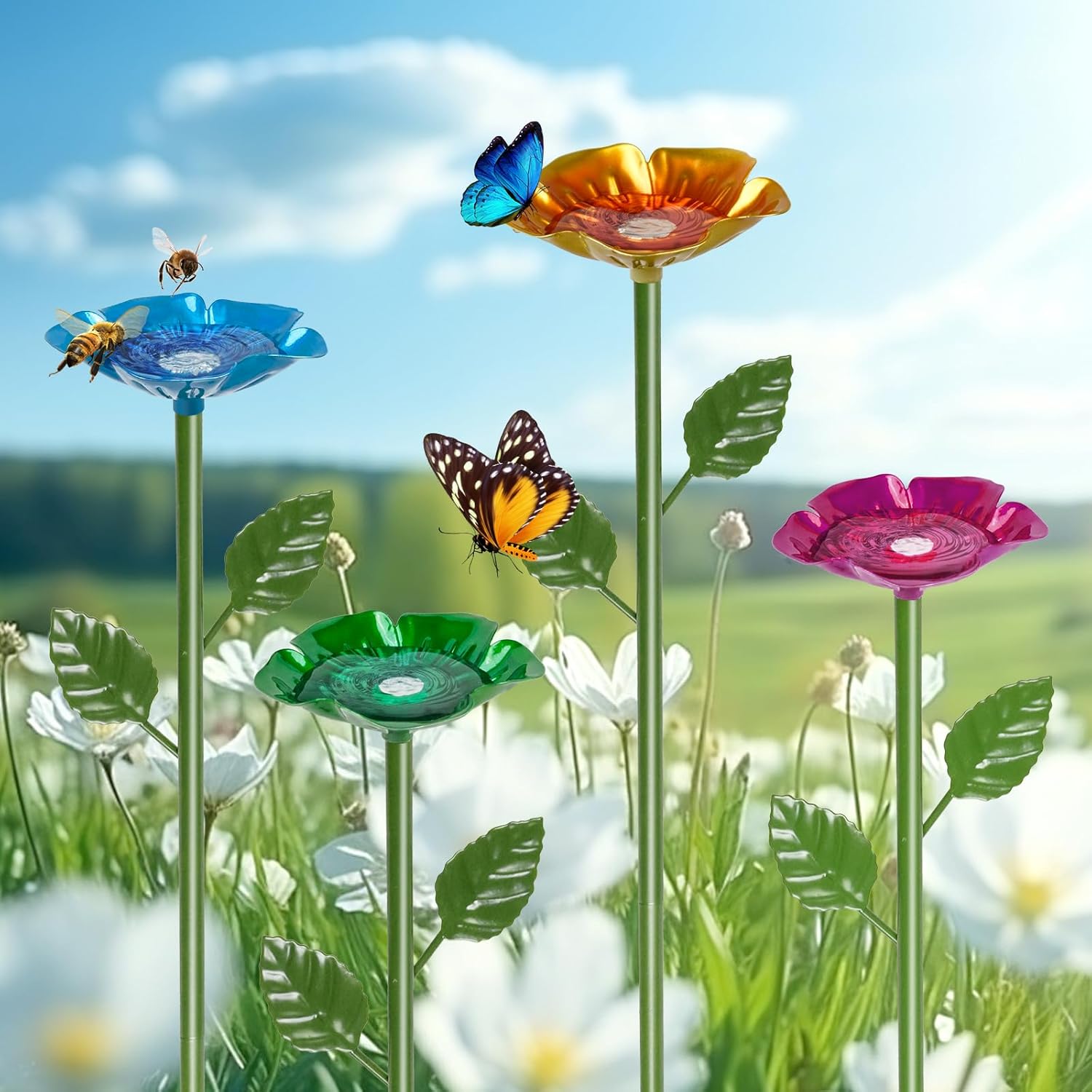 Bee Watering Station for Garden, 4 Pack Bee Feeder Cups, Colorful Flower Bee Bath, Metal Pollinator Friendly Outdoor Garden Decor for Bees & Butterflies (4)