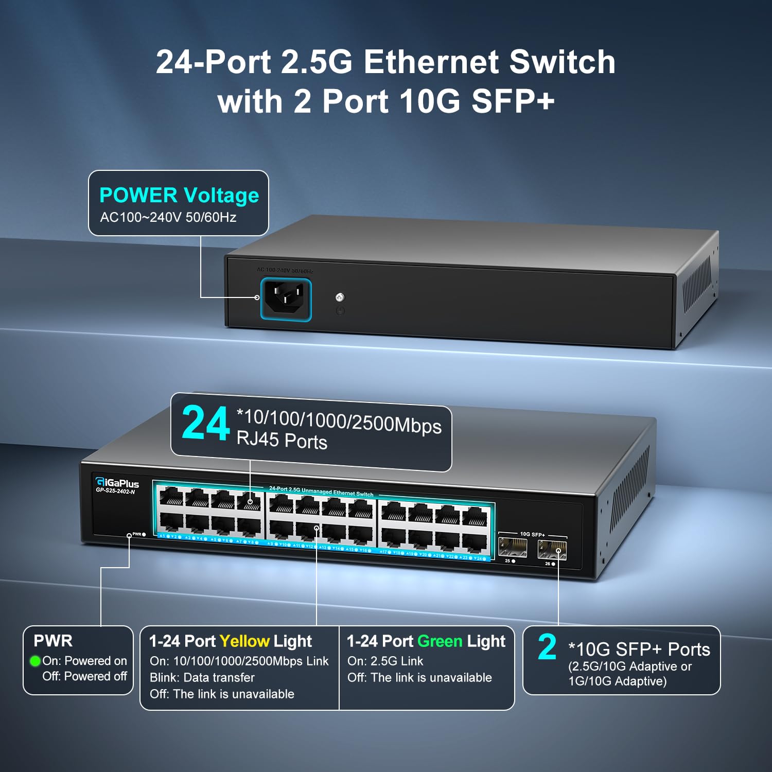 26 Port 2.5Gb Unmanaged Ethernet Switch with 24* 2.5G Base-T Ports, 2* 10G SFP+ Ports. GiGaPlus 2.5Gbps Network Switch for 2.5Gbps NAS/PC, WiFi6 Router, Wireless AP. Fanless Design, Plug and Play