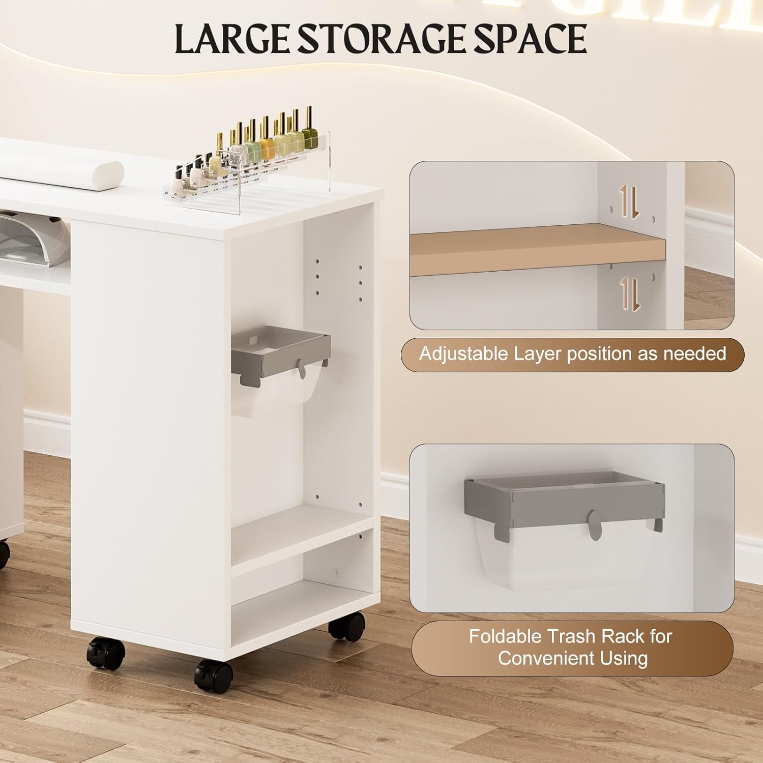 Manicure Table w/Extendable Table, Nail Desk w/Trash Holder& Acrylic Storage Rack, Nail Table Station with Wrist Cushion, Lockable Wheels, 3 Drawers & Cabinet, Salon Beauty Workstation(White)