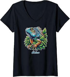 Womens Belize Colorful Iguana V-Neck T-Shirt