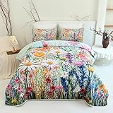 Floral Heart Quilt Set with Pillow Shams, Red Blue Beige Botanical Pattern, Microfiber Quilted Bedspread, 3 Piece All Season Bedding (GCBTTAA015GB, Twin)