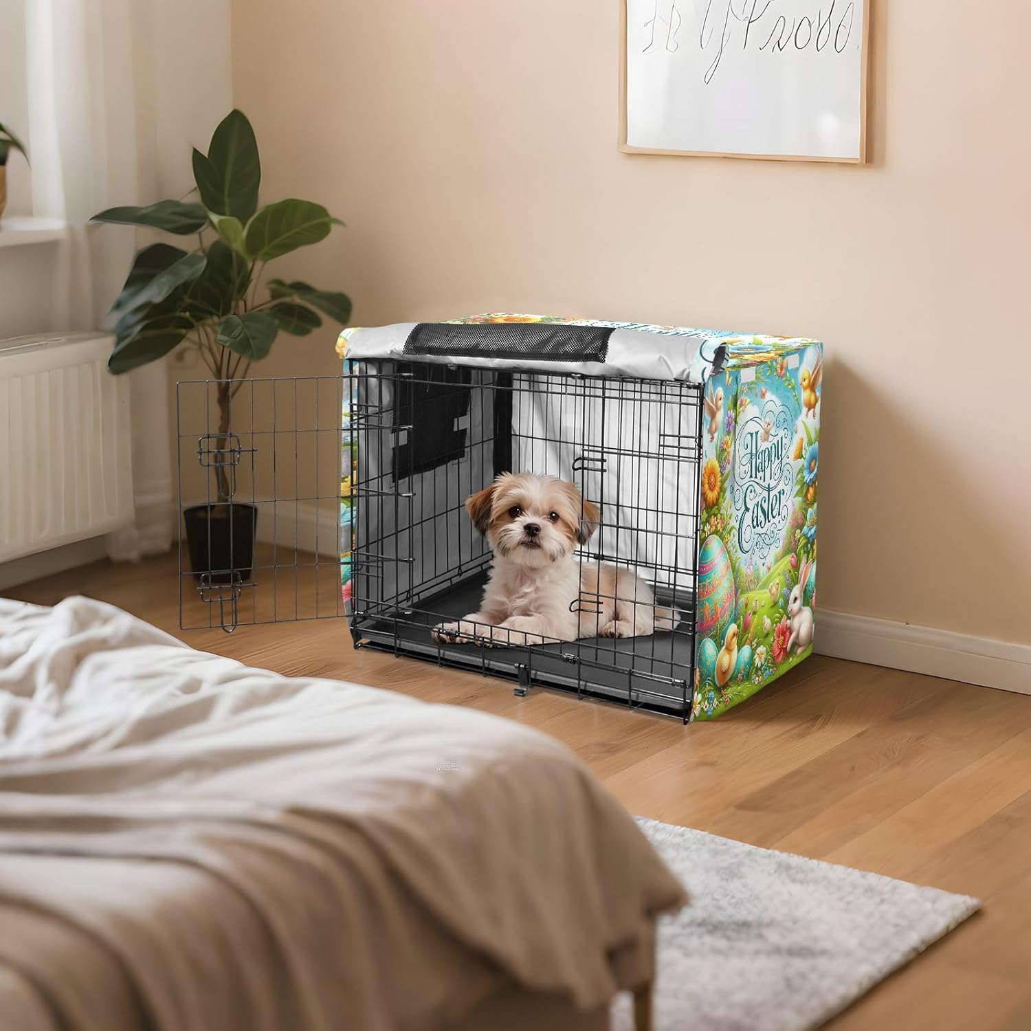 Easter Theme Dog Crate Cover S-XL UV-Resistant Pet Cage Cover with Openings, Reduces Barking, X-Large