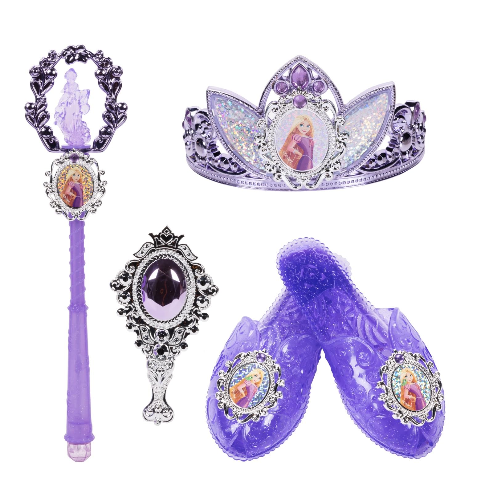 Disney Princess Rapunzel Tiara to Toe Accessory Set, Officially Licensed by Jakks Pacific, Includes Princess Crown, Sparkly Jelly Shoes, Wand with Spinning Top, and Beautiful Hairbrush, for 3+