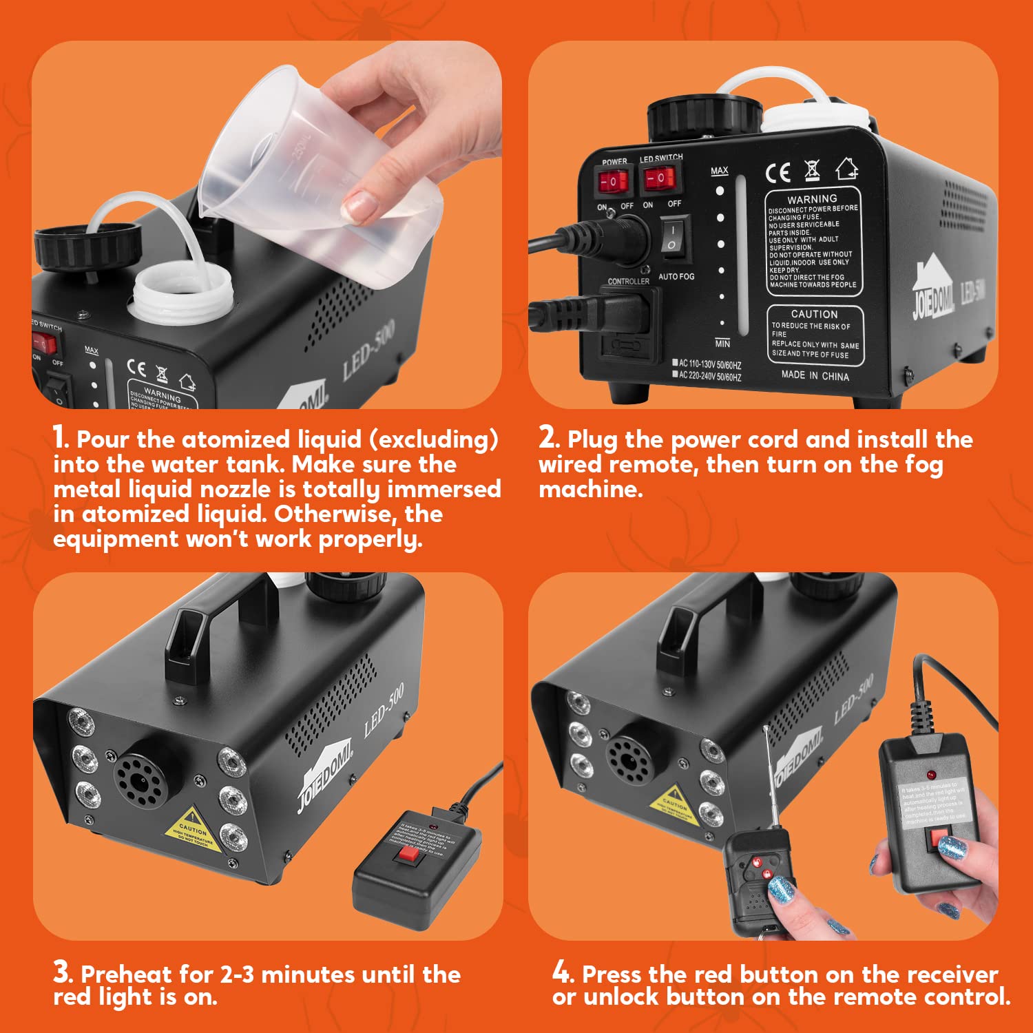 Halloween Fog Machine, 500W Smoke Machine with 6 Color LED Lights, Wireless&Wired Remote Control for Halloween Parties, Decoration, Holiday Events, Wedding and Christmas