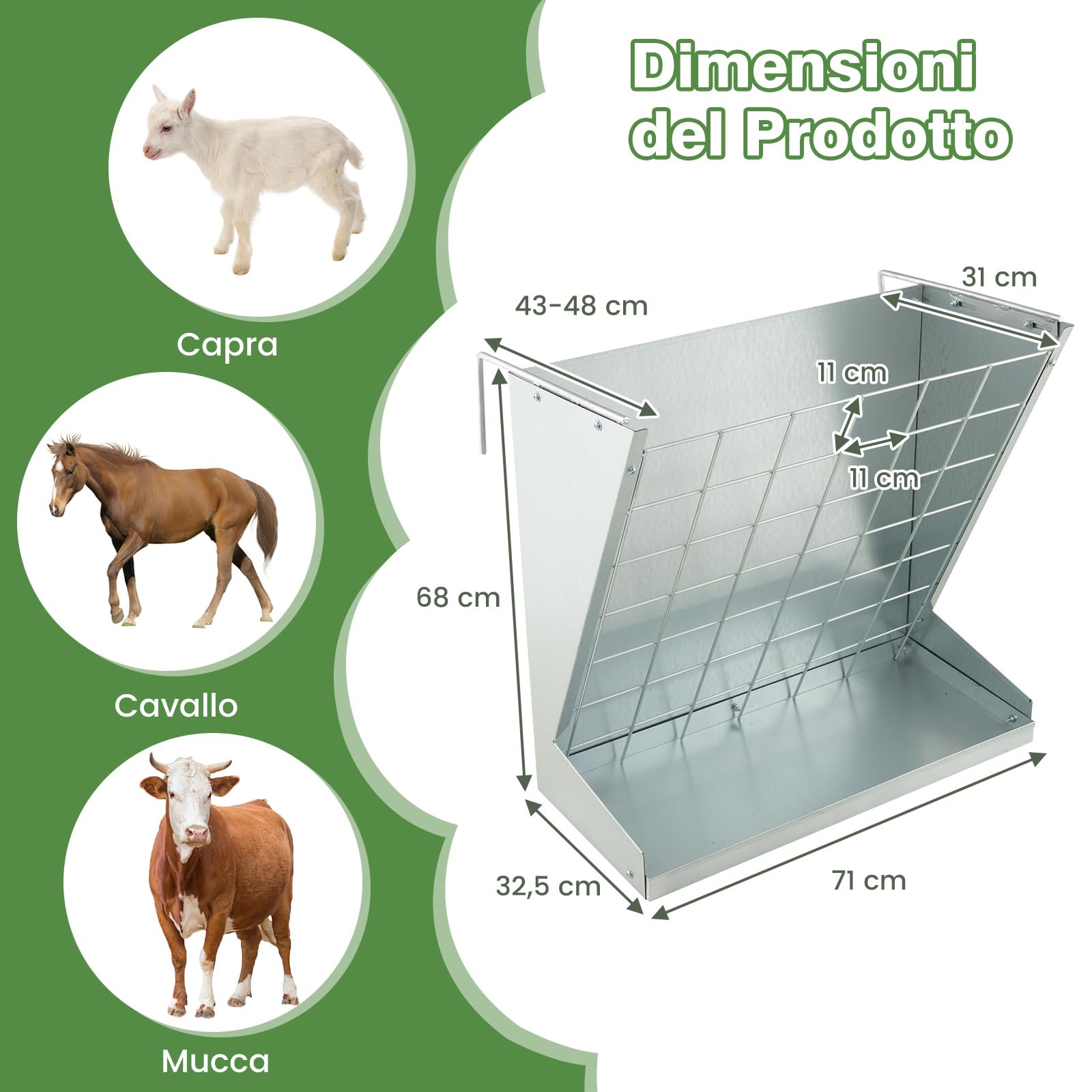 COSTWAY Mangime per Fieno a Parete 83L, Mangiatoia 2-in-1 per Fieno e Cereali in Metallo Zincato con Distanza Regolabile, Rete a Maglia e Vassoio,Mangiatoia per Cavalli, Pecore, Mucche e Maiali