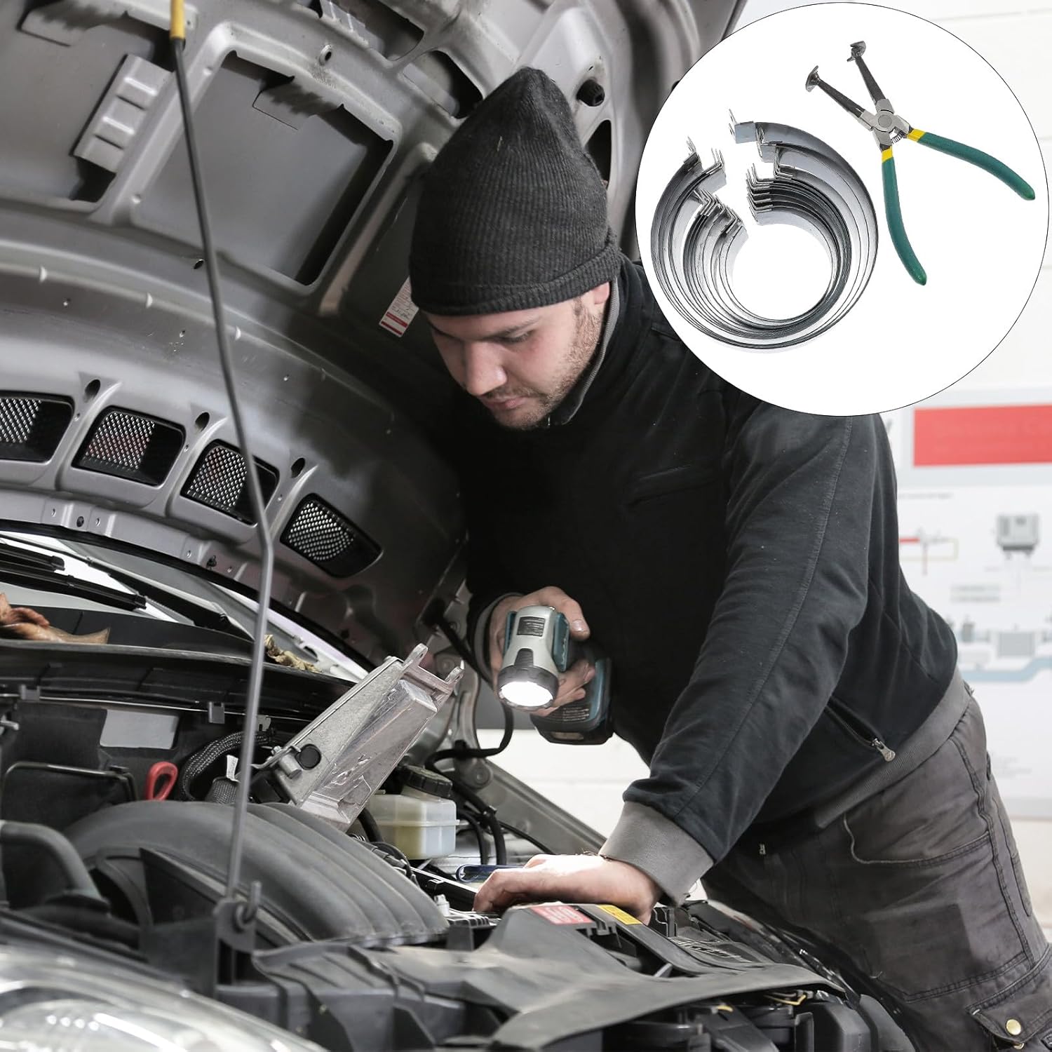 Hemoton Piston Ring Compressor Tool Set with Piston Ring Pliers and Bands for Car and Truck Engine Cylinder Installation and Removal