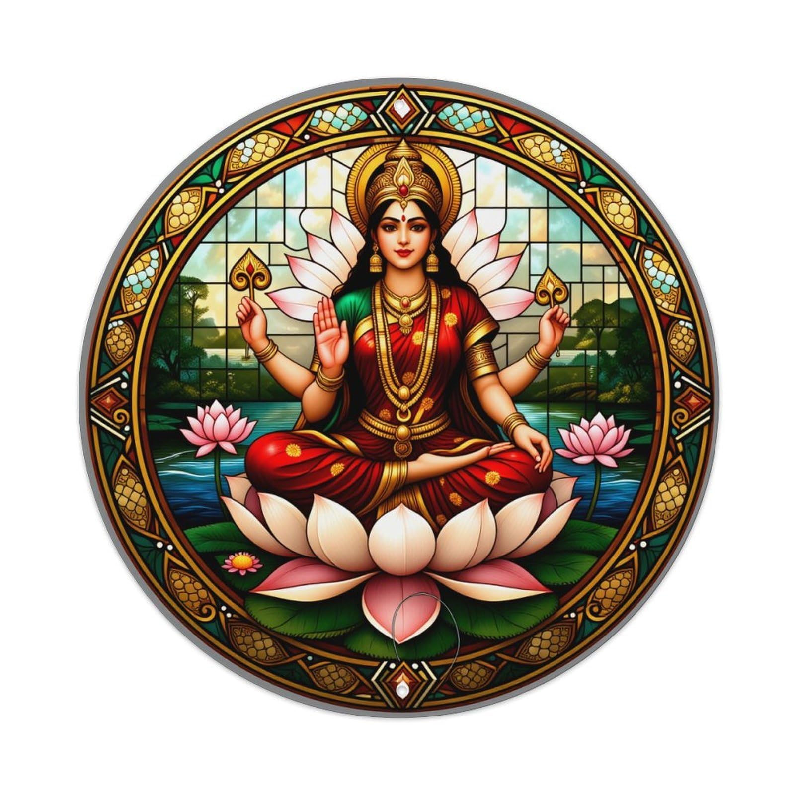 Divine Goddess Seated On Lotus With Stained Glass Background Round Vintage Tin Sign,Retro Wall Art,Metal Poster for Home, Bar, Garage, Cafe, Rustic Indoor & Outdoor Decor, 8x8 Inches