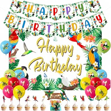 Tropical Birds Birthday Party Decorations Tropical Birds Birthday Backdrop Banner Hawaiian Parrot Birds Print Balloons Cake Decorations Parrot Luau Bday Summer Hawaiian Party