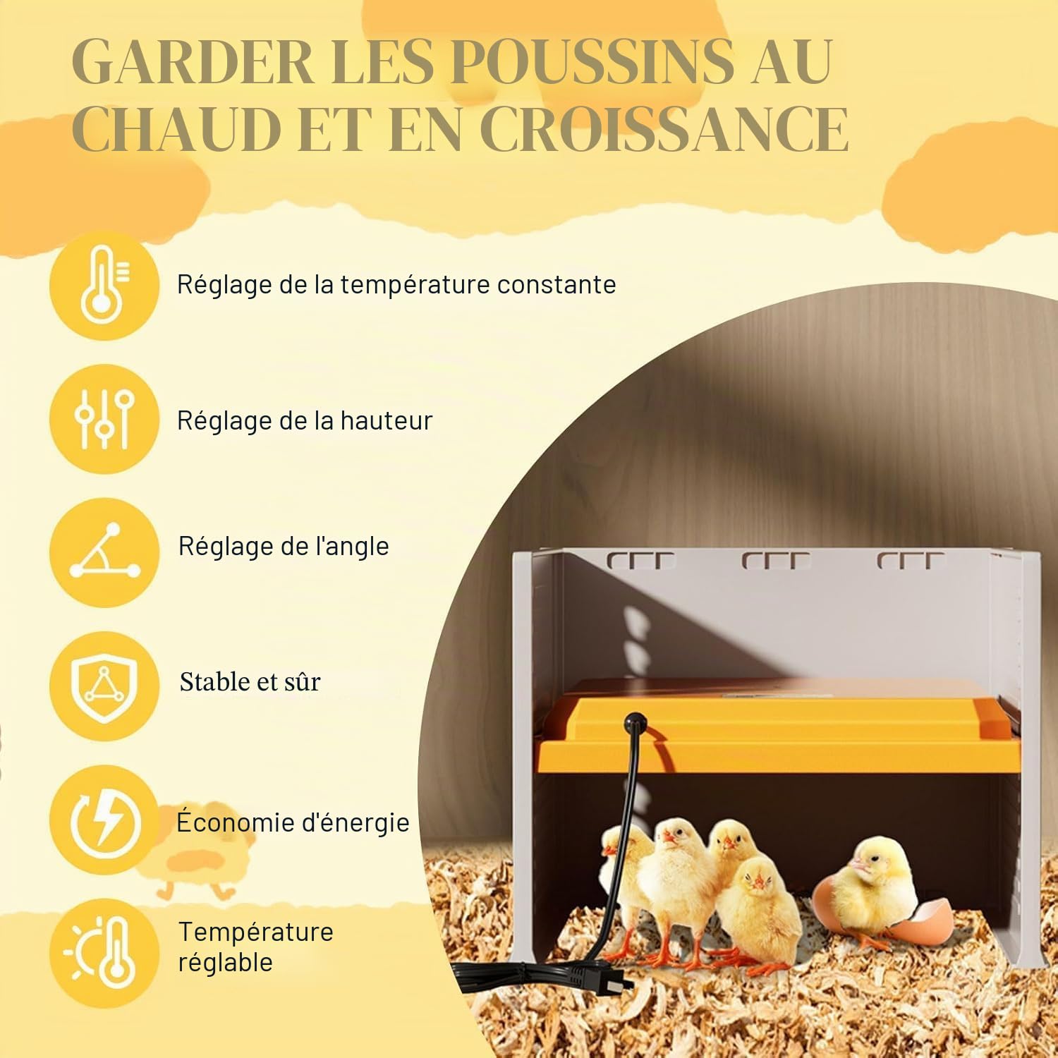 Plaque Chauffante pour Poussins, Plaque Electrique Lampe Chauffante Réglable en Hauteur, 10°C-65°C Chauffant pour Poulets, Lampe Chauffante Poussin pour Canetons, Poules, Cailles Naissantes, Jaune