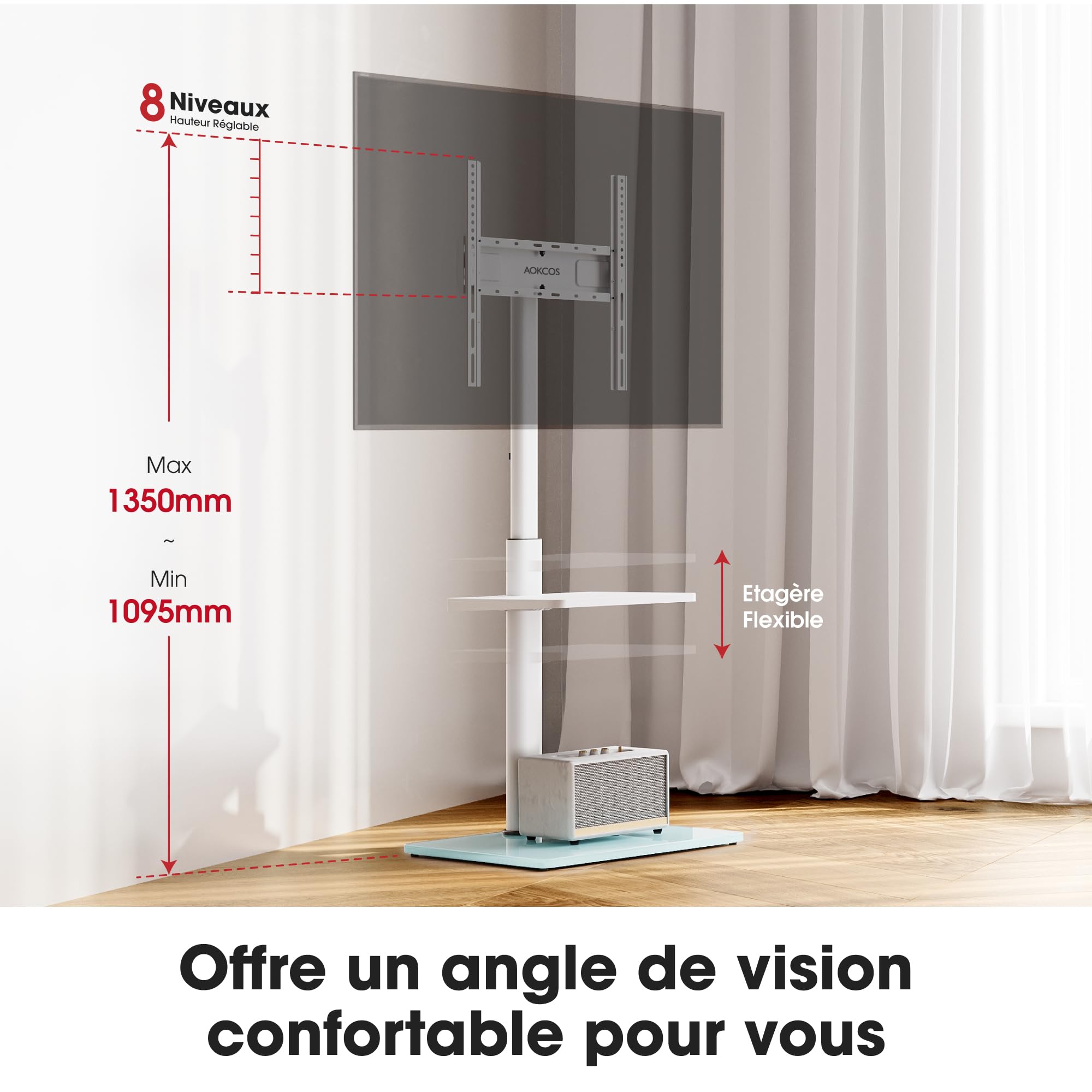 AOKCOS Support TV sur Pied pour TV de 32-70 Pouces,Pied TV avec Étagère Réglable en Hauteur Pivotant 60° et Inclinable 12°,Max. VESA 400x400 mm Max. Capacité 40 KG