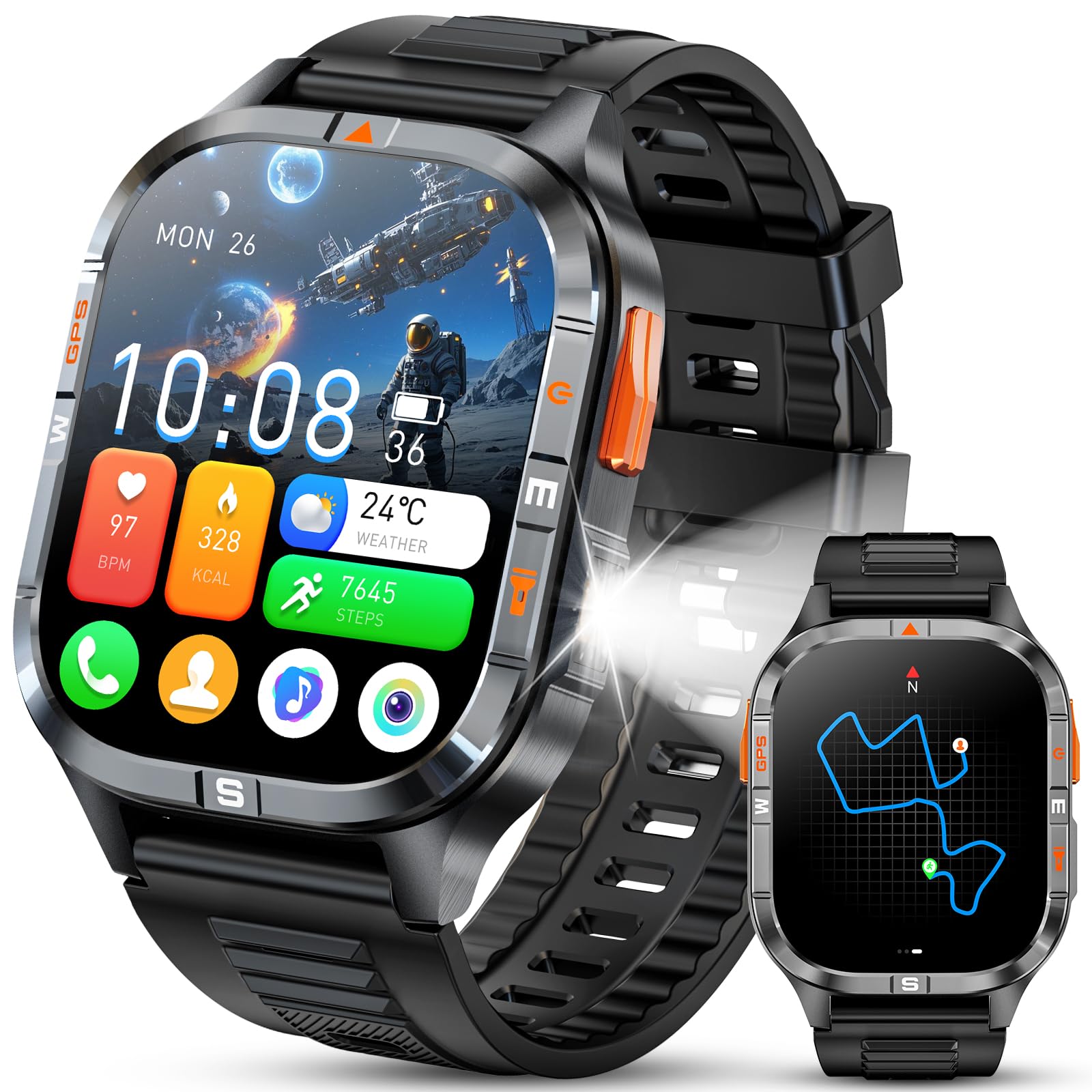 Orologio intelligente GPS militare con bussola/altezza/torcia, 2,01 pollici con schermo HD, assistente vocale/chiamate Bluetooth, per Android e iOS, diverse modalità di movimento (Nero)