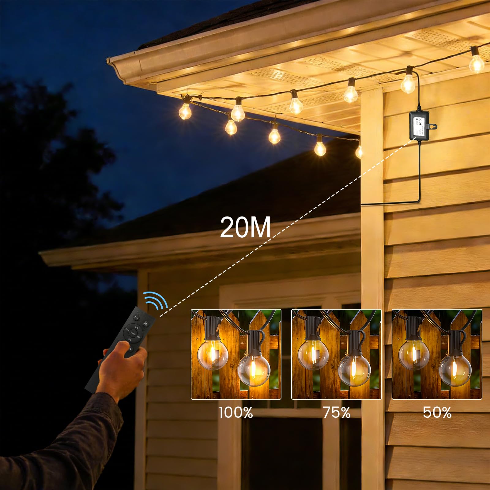 30M Dimmerabile Catena luminosa per esterni - IP45 impermeabile con 50+2 lampadine G40 (bianco caldo), illuminazione da giardino per terrazza, matrimoni, feste e balconi (Telecomando-30M)