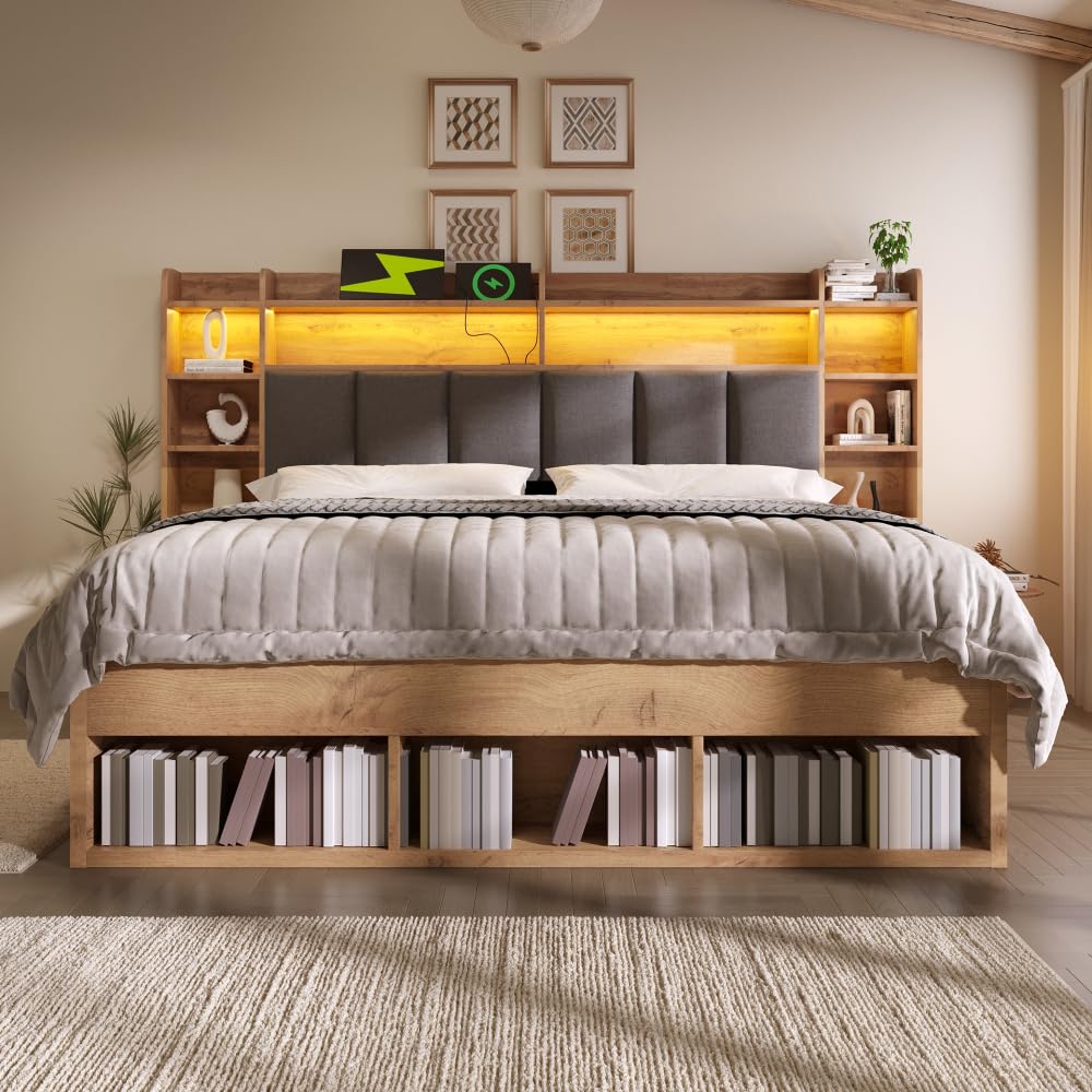 Cama de 180 x 200 cm con cajones, iluminación LED, puertos USB y Type-C, cama de 180 x 200 cm con somier de láminas de madera, estructura de cama de matrimonio con almacenamiento, roble, cabecero