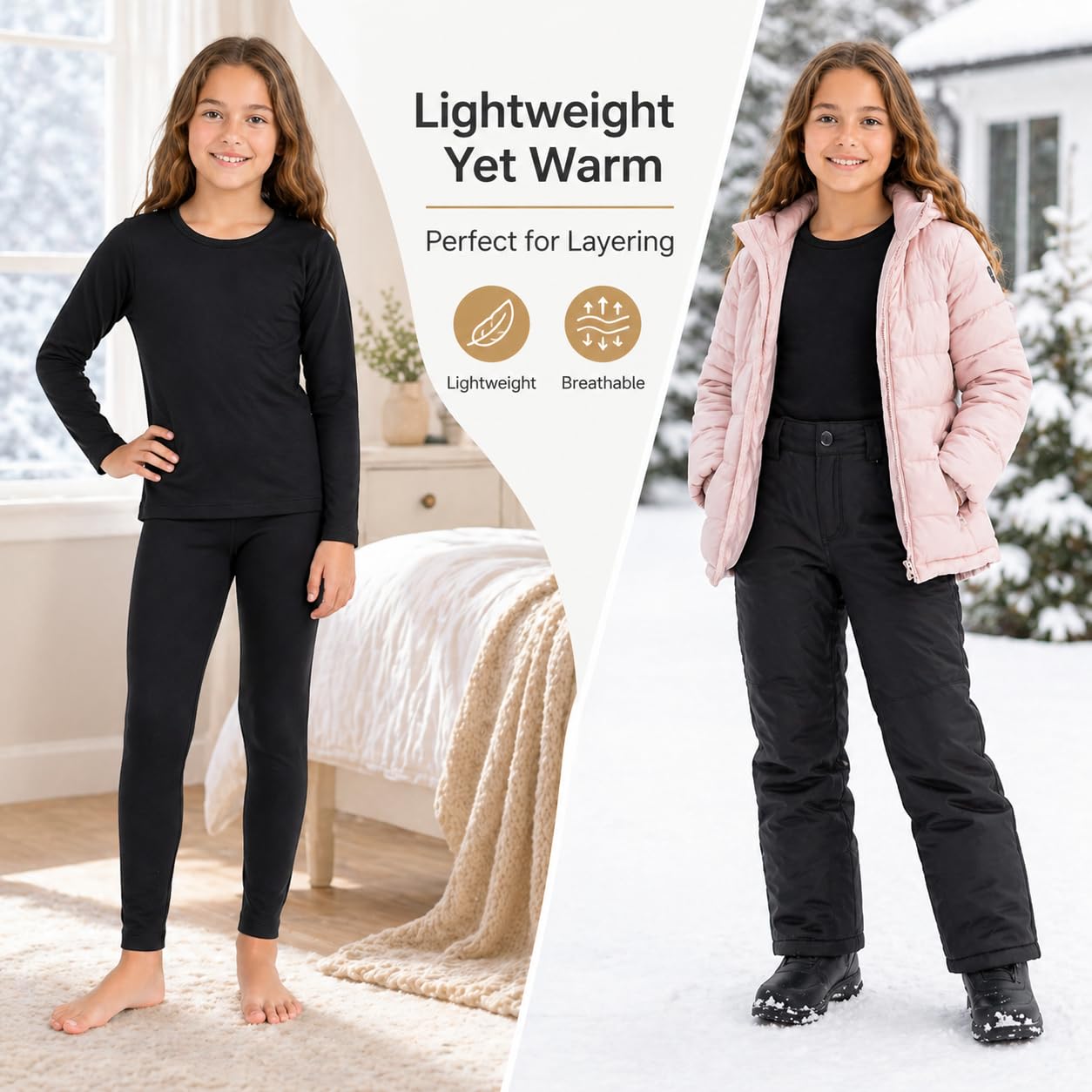 Conjunto de Ropa Interior Térmica para Niña Camiseta y Pantalón con Forro Polar, Pijama Cálido de Invierno, Capa Base Elástica Infantil (Negro, L)