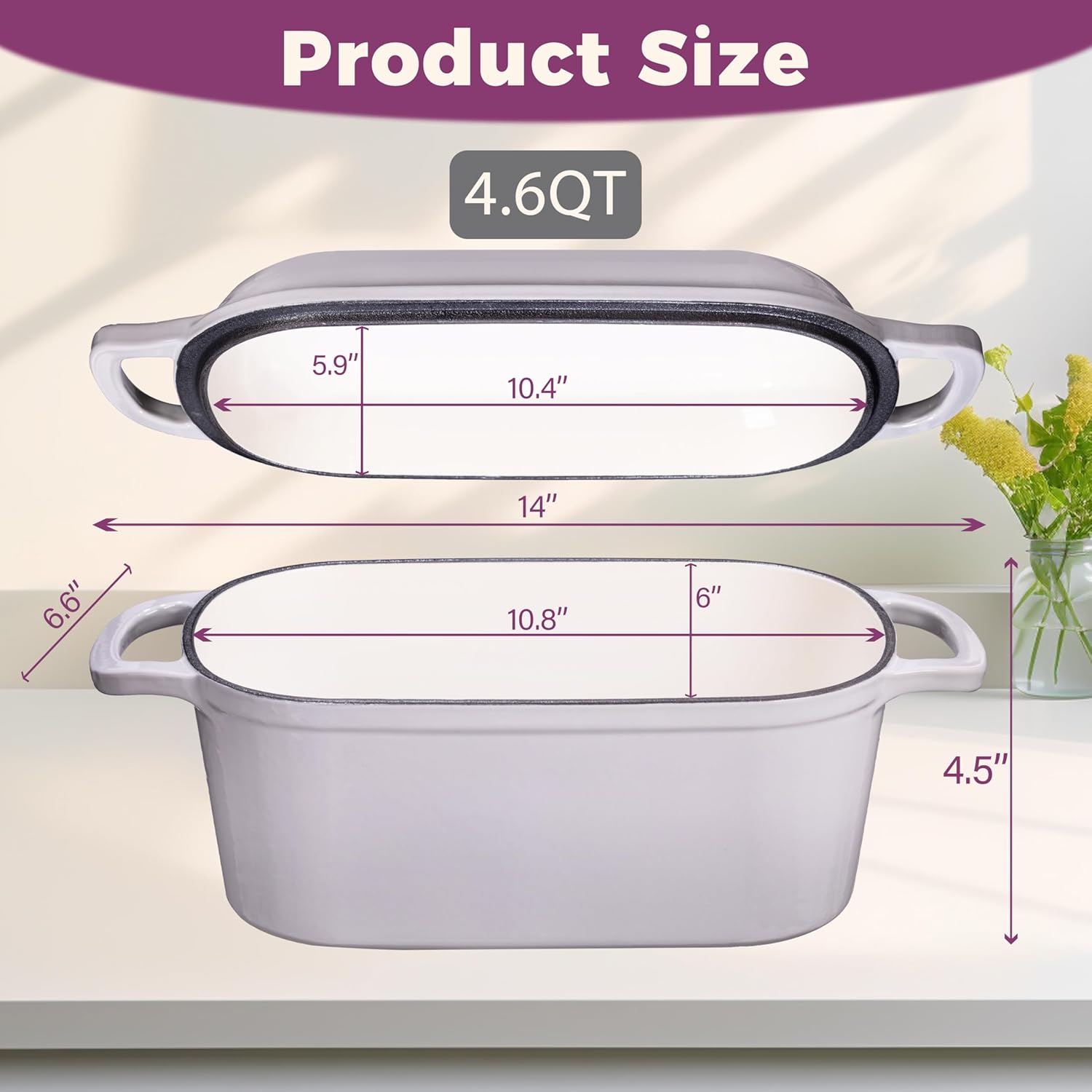 4.6-Quart Oval Dutch Oven for Bread Baking, 2 in 1 Enameled Cast Iron Bread Pan with Lid, Sourdough Bread Dutch Oven for a Crispy Crust, Oyster Grey - Image 3