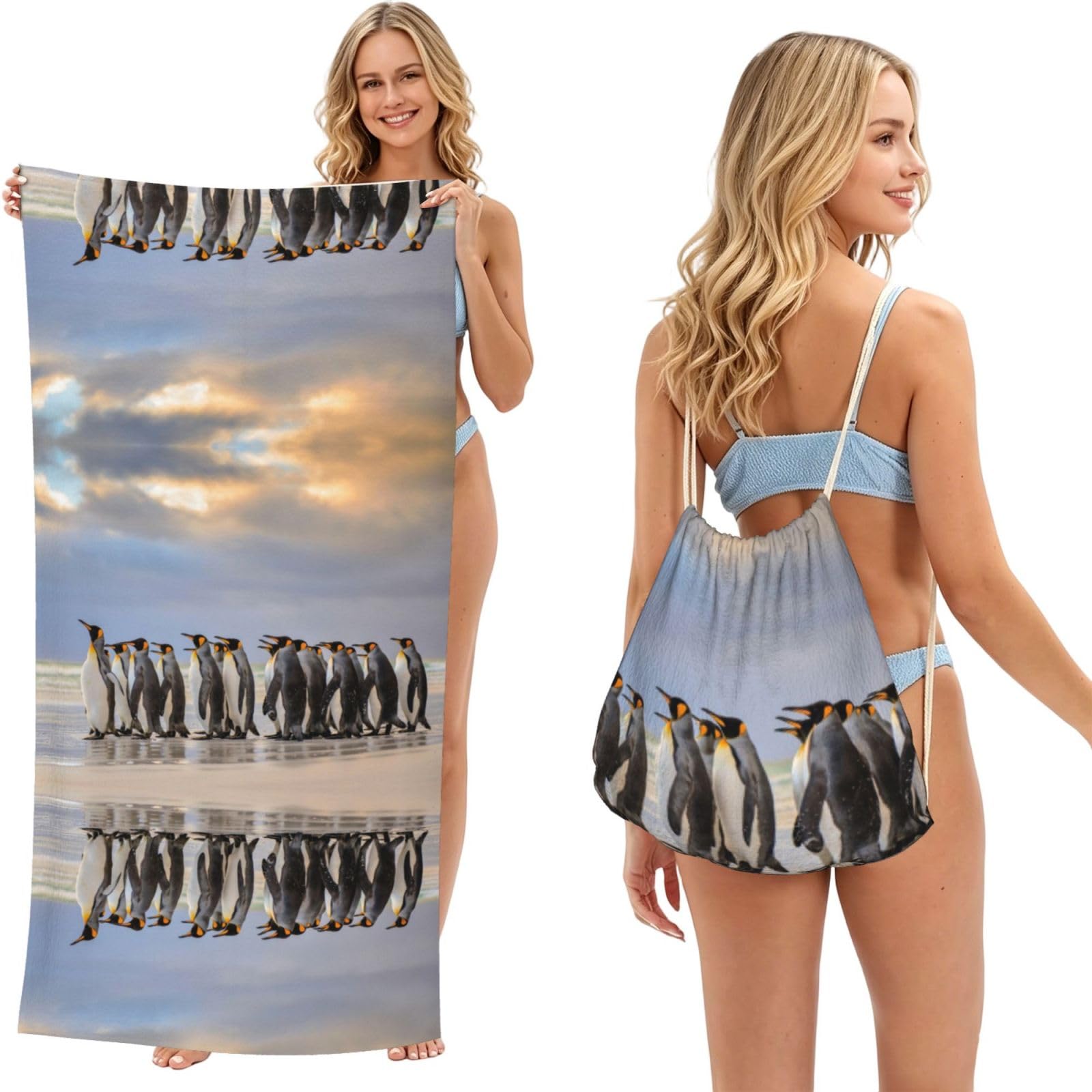 SATUSA Sea Penguin Print 2-In-1 Foldable Beach Towel Backpack â€“ Camping, Yoga And Travel,Bath Towel With Built-In Storage, Convertible Beach Mat & Carry Bag