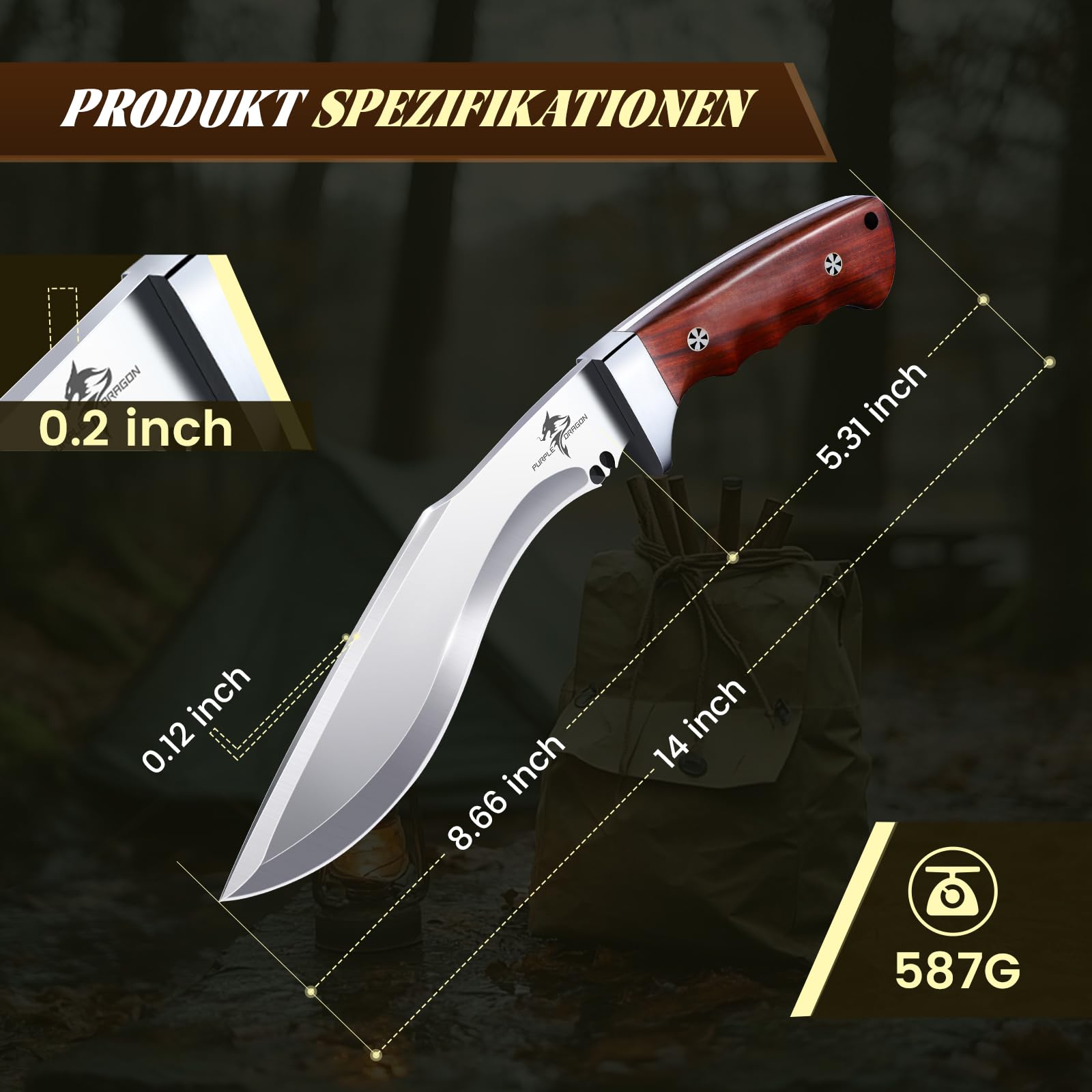 Purple Dragon Coltello Grande con Fodero - Lama Fissa - Affilata Lama da Campeggio con Impugnatura in Legno Tang Pieno per Uomini