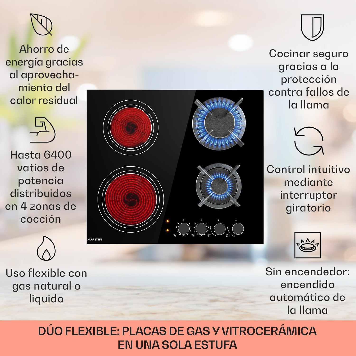 Klarstein Encimera Cocina de Gas, 4 Quemadores, Placa de Gas 6.4kW para Cocina, Cocinas de con Quemador Wok de Acero Inoxidable, Encimera 4 Fuegos con Quemadores de para Casa