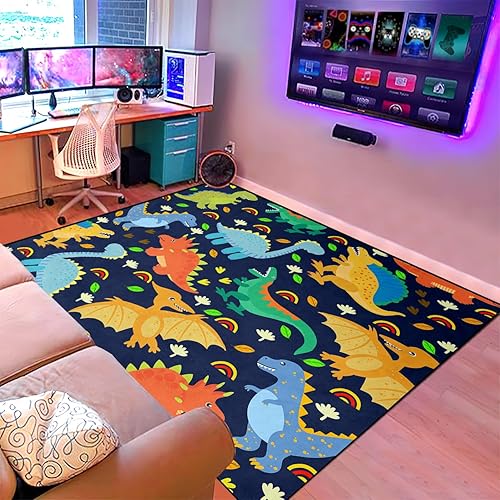 Miniatura 4 de Preciosas alfombras de área de dinosaurios azul marino encantadoras alfombras de dinosaurio para niños azul marino lindos patrones de animales