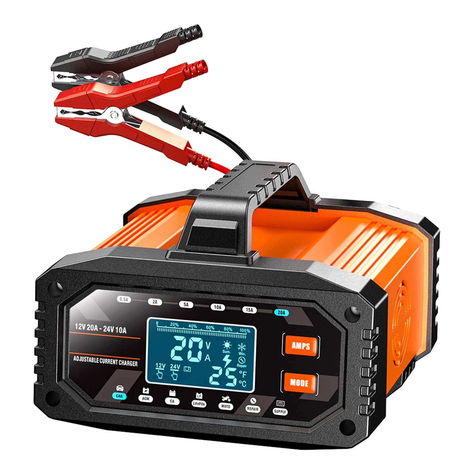Yctze Caricabatterie Intelligente 12V 20A 24V 10A Caricabatteria per Auto Regolabile Manutentore di Mantenimento Automatico con Modalità di Riparazione a Impulsi per Auto Moto Cam (Spina europea)