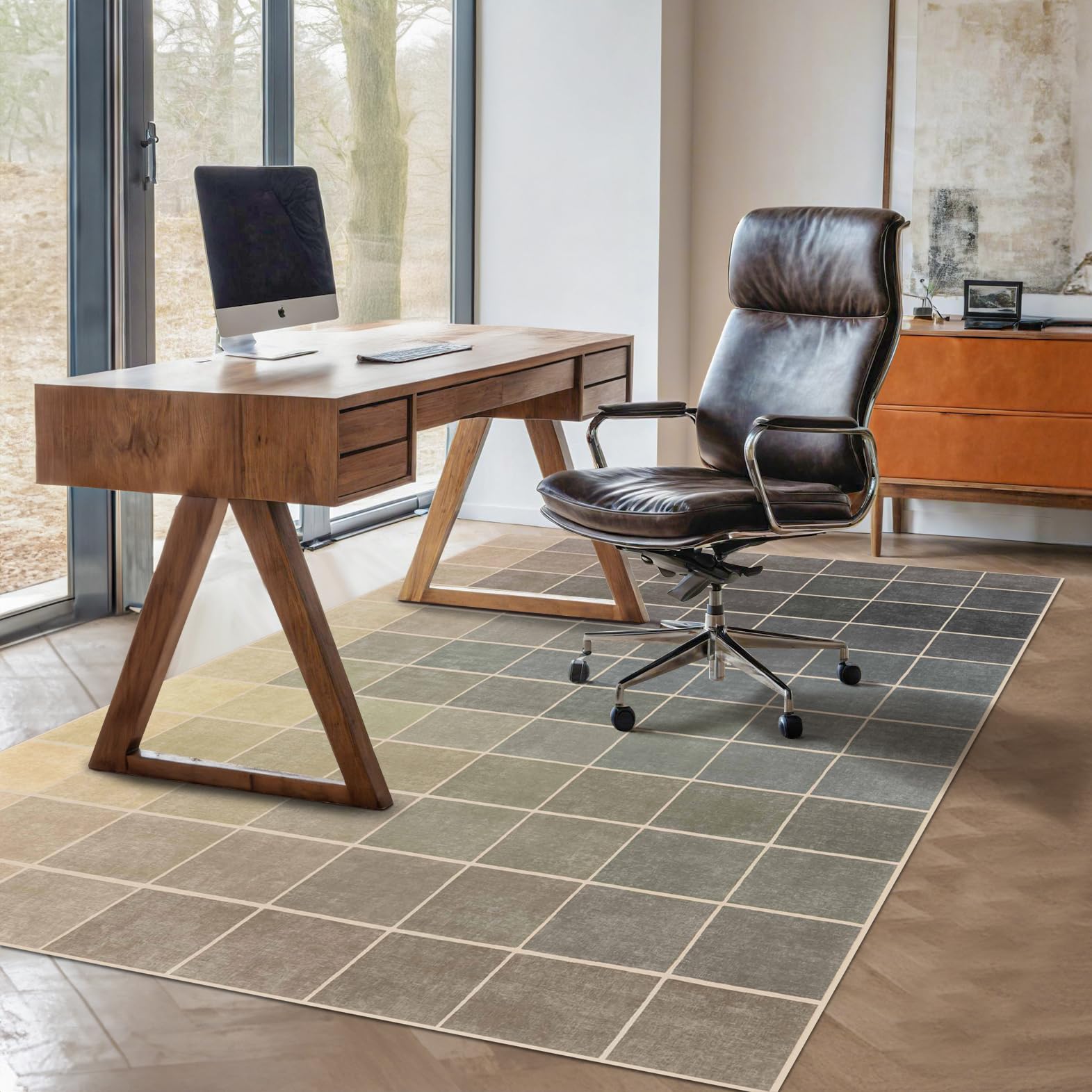 Minimalist Living Room 5x8 Rug, Washable Area Rugs for Bedroom Dining Room Kitchen Table, Brown Earth Tones Gradient Pattern Contemporary Aesthetic Checkered, Non Slip Rubber Backing, Stain Resistant