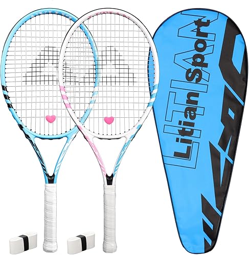 Juego de raquetas de tenis de 27 pulgadas para adultos, juego de raquetas de tenis recreativas para 2 jugadores con 2 overgrips y 1 bolsa de tenis.