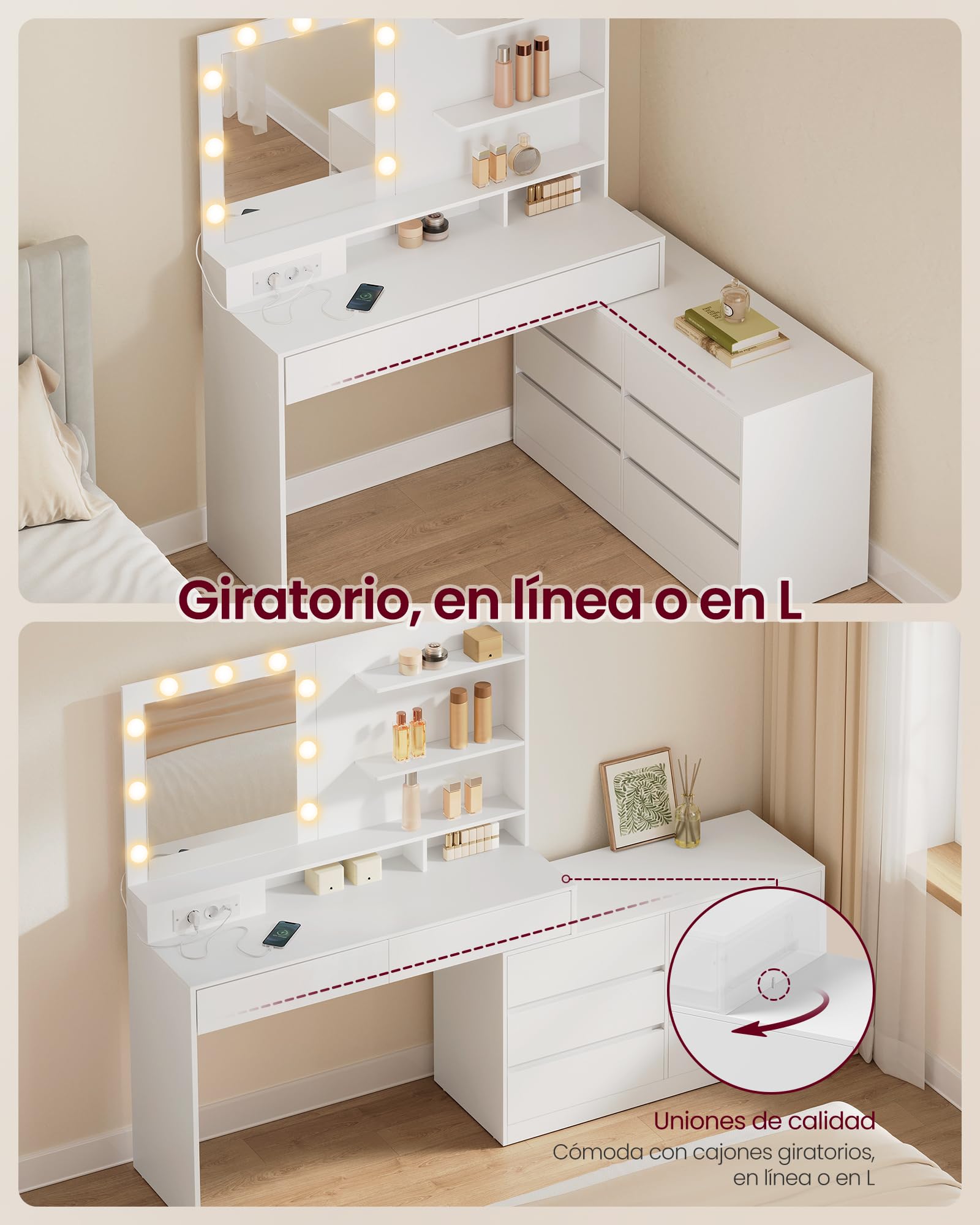 VASAGLE Kailyn Colección - Tocador con Espejo LED y Regleta, 9 Bombillas, 8 Cajones, 3 Estantes, Iluminación de 3 Colores, Modular en Línea o en L, Mesa de Maquillaje, Blanco Nube RDT140WB01