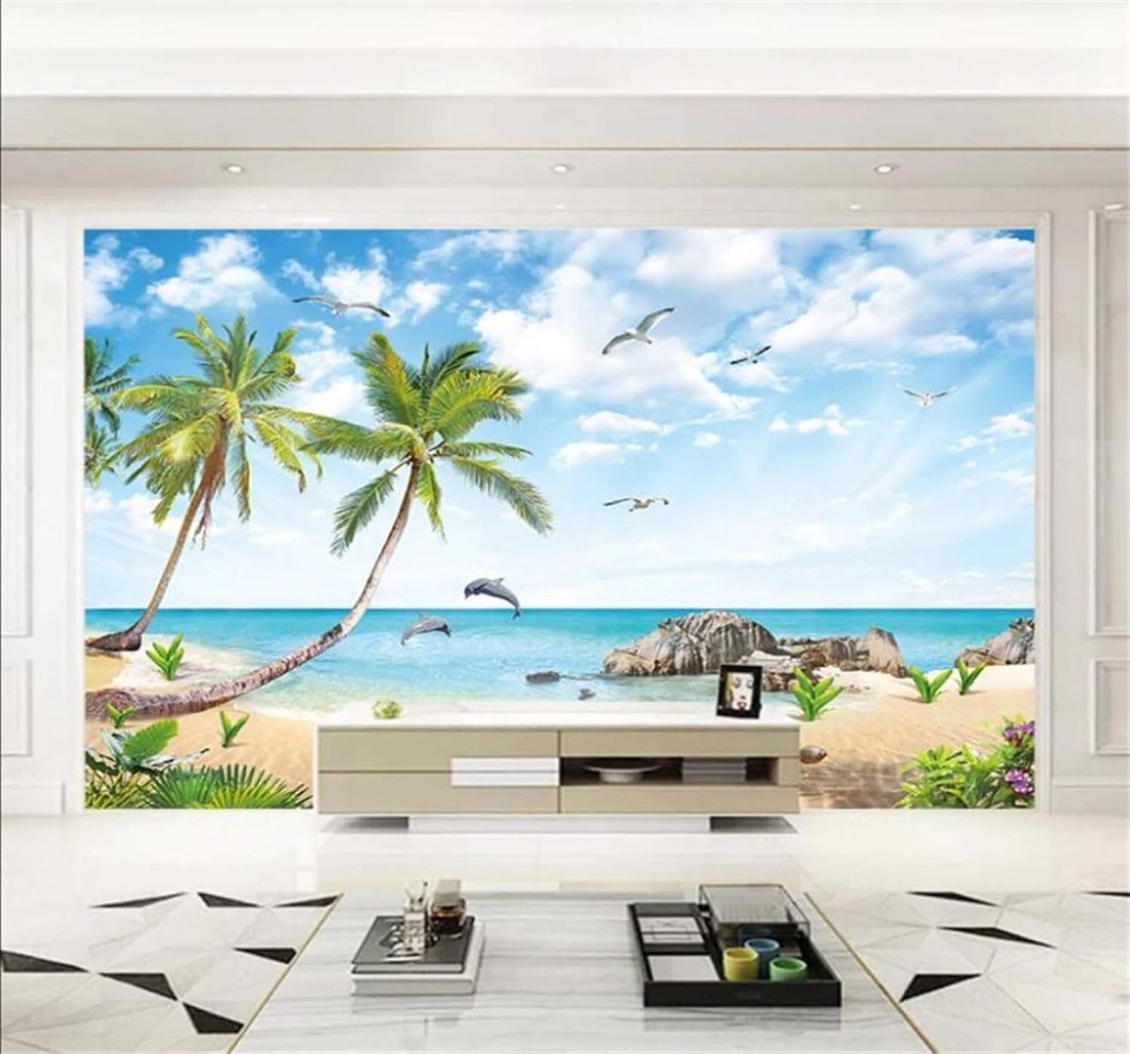 Xlming 400Cm×280Cm(B×H) Beautiful Fresh Seaside Coconut Trees Scenery 3D Wallpaper Premium Textured Silk Study Dining Living Room Bedroom Sofa Tv Wall Easy Install-400Cm×280Cm