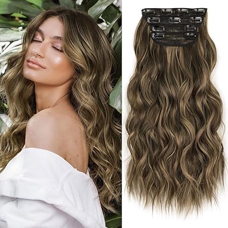 ALXNAN Clip in Long Wavy Synthetic Hair Extension 20 Inch Dark Brown Mixed Blonde 4PCS Thick Hairpieces Fiber Double Weft Hair for Women