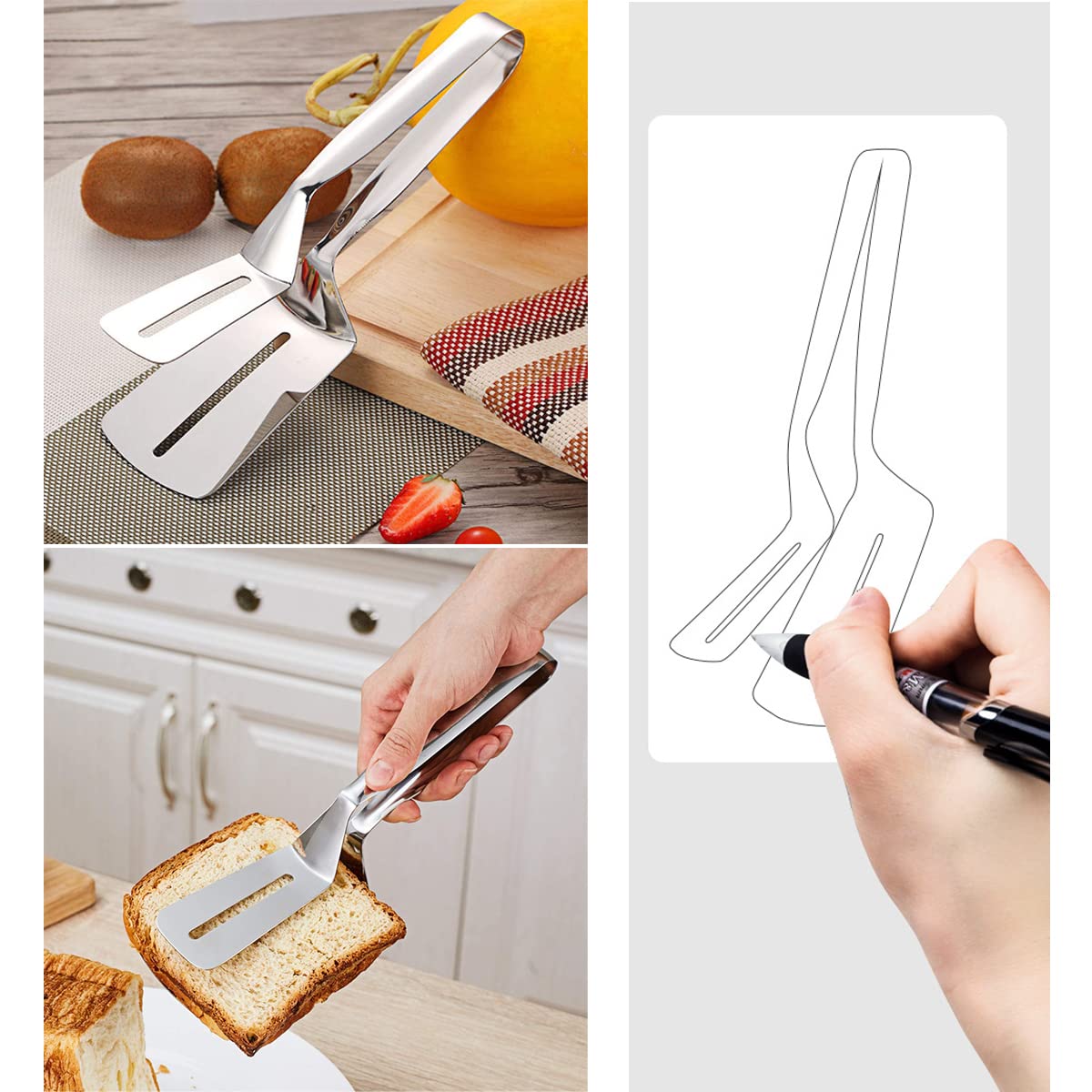 2 Pezzi Pinza da Cucina, 30,5 cm Pinza per Servire in Silicone in Acciaio Inox Pinza per Spatola per Alimenti Pinze da Servizio Antiaderente Pinze per Bistecca Barbecue (12inch-Nero