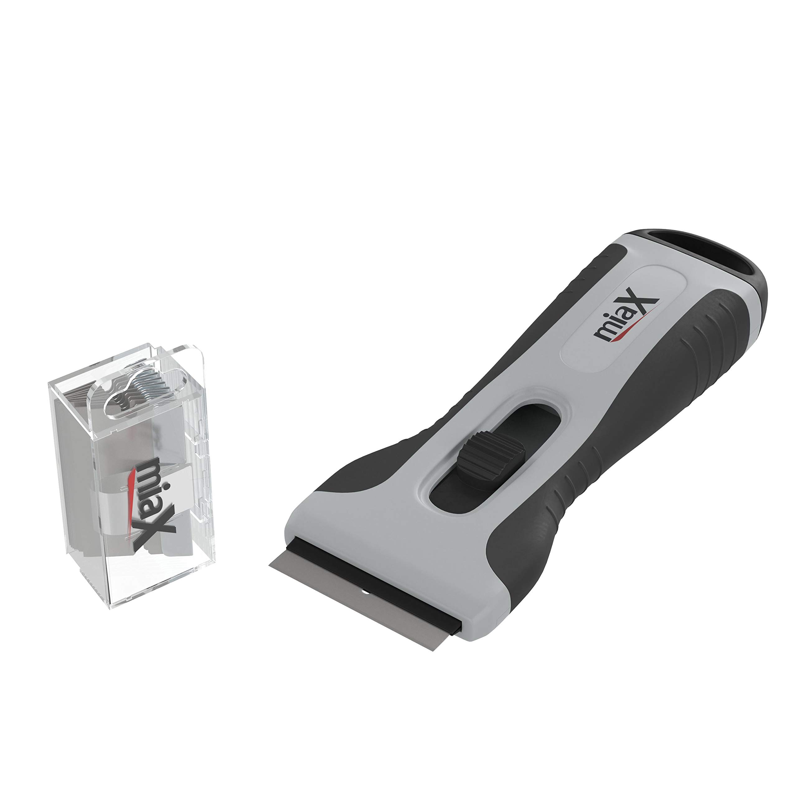 miaX Wymienne ostrza premium do skrobaka do płyt ceramicznych zestaw 10szt – 10 ostrzy w praktycznym pojemniku z funkcją wydawania do skrobaka do płyt kuchennych – 10 wysokiej jakości stalowych ostrzy