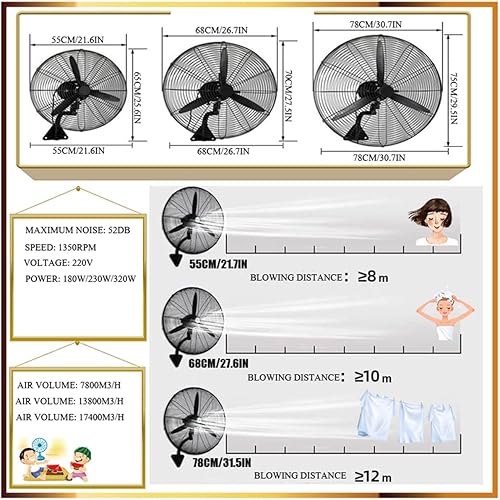 Miniatura 6 de Ventilador de pared de metal pequeño para exteriores, ventilador de pared industrial de 19.7 pulgadas, 25.6 pulgadas 29.5 pulgadas, ventilador