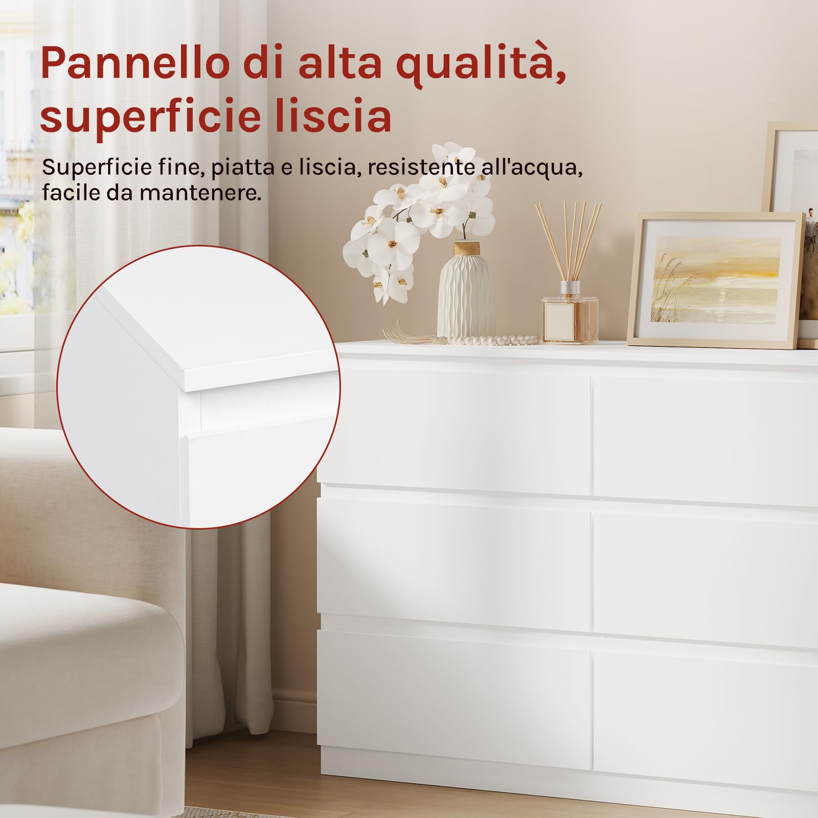 WOLTU Cassettiera, Mobiletto Salvaspazio | con 6 Cassetti, in Stile Moderno per Soggiorno, Camera da Letto e Corridoio, 100 x 36 x 69 cm, Bianco, Legno