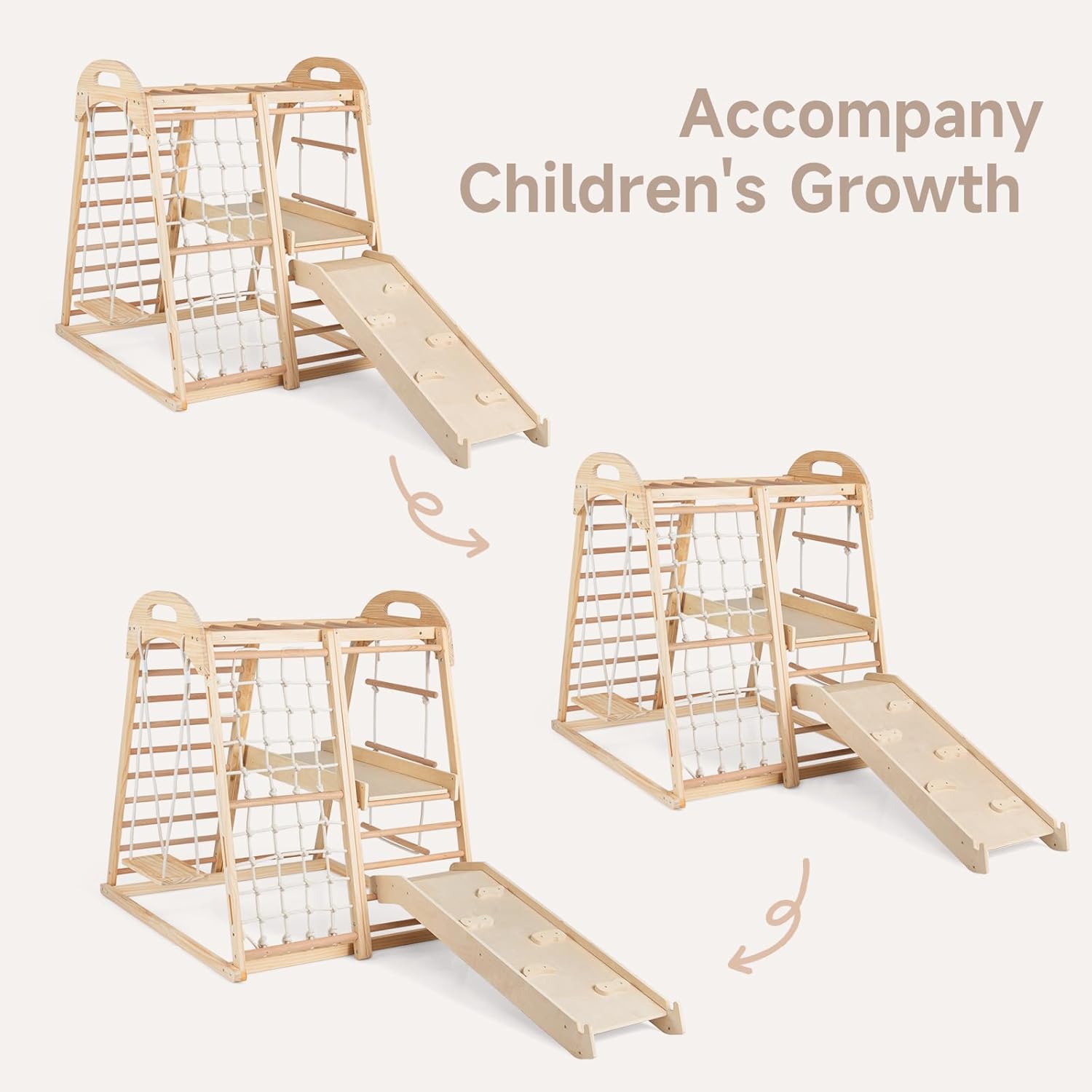 OLAKIDS Indoor Jungle Gym, 8 in 1 Wooden Montessori Toddler Climbing Toys with Adjustable Ramp Swing Slide, Monkey Bar Rope Ladder Waiting Area (Natural)